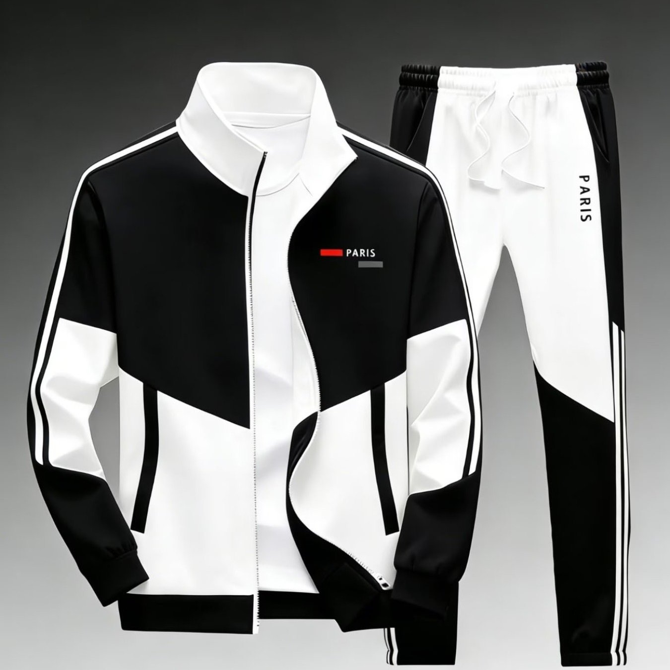 Image of Teenager 2pcs Black White Side Stripes Paris Letter Tracksuit Set, Zip Stand Collar Jacket And Drawstring Elastic Waist Sweatpants, Casual Athletic Jogging Outfit, For Outdoor, For Teenager