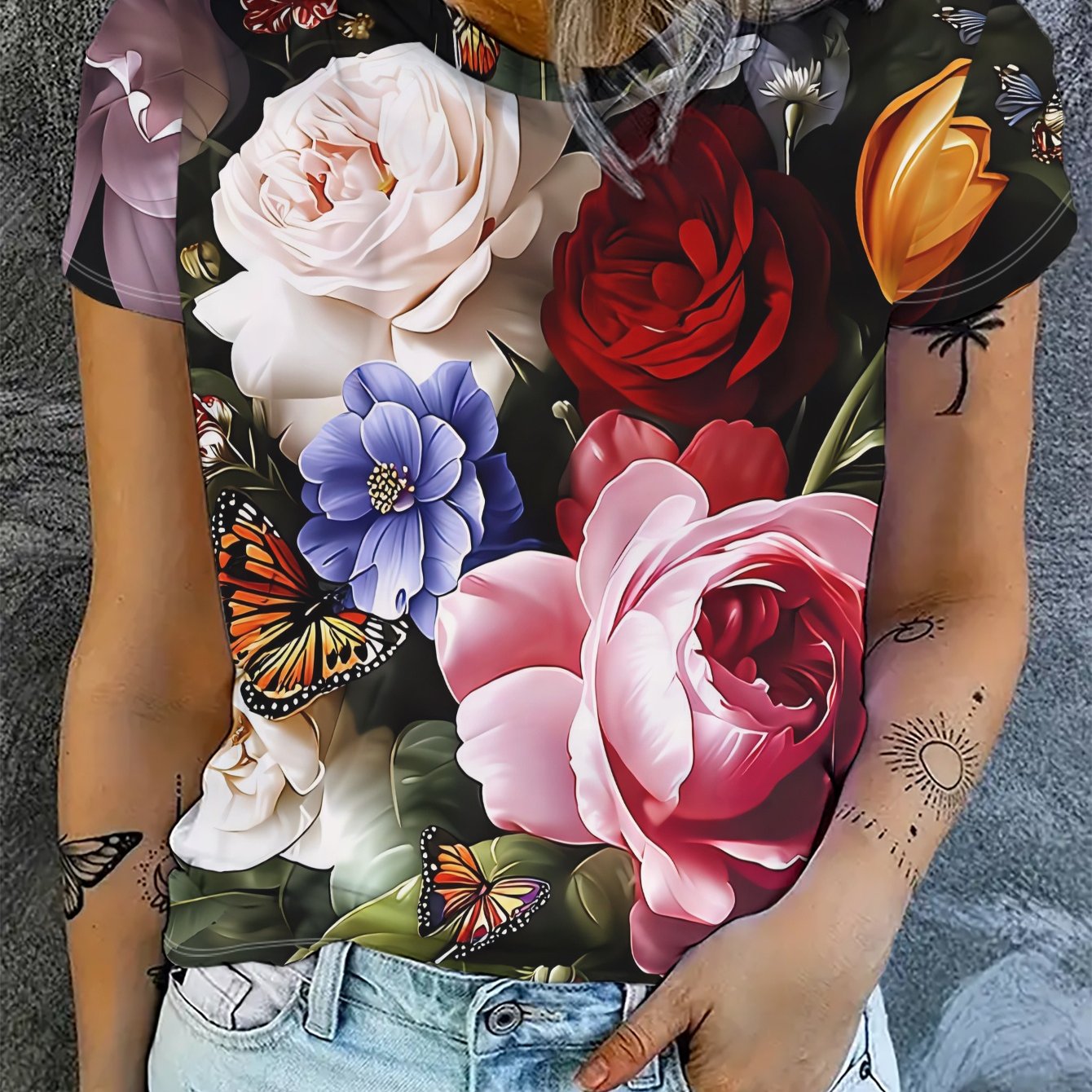 TEMU Women's Short-sleeve T-shirt, New Summer Style With Fashionable Floral And Prints, Versatile Fabric