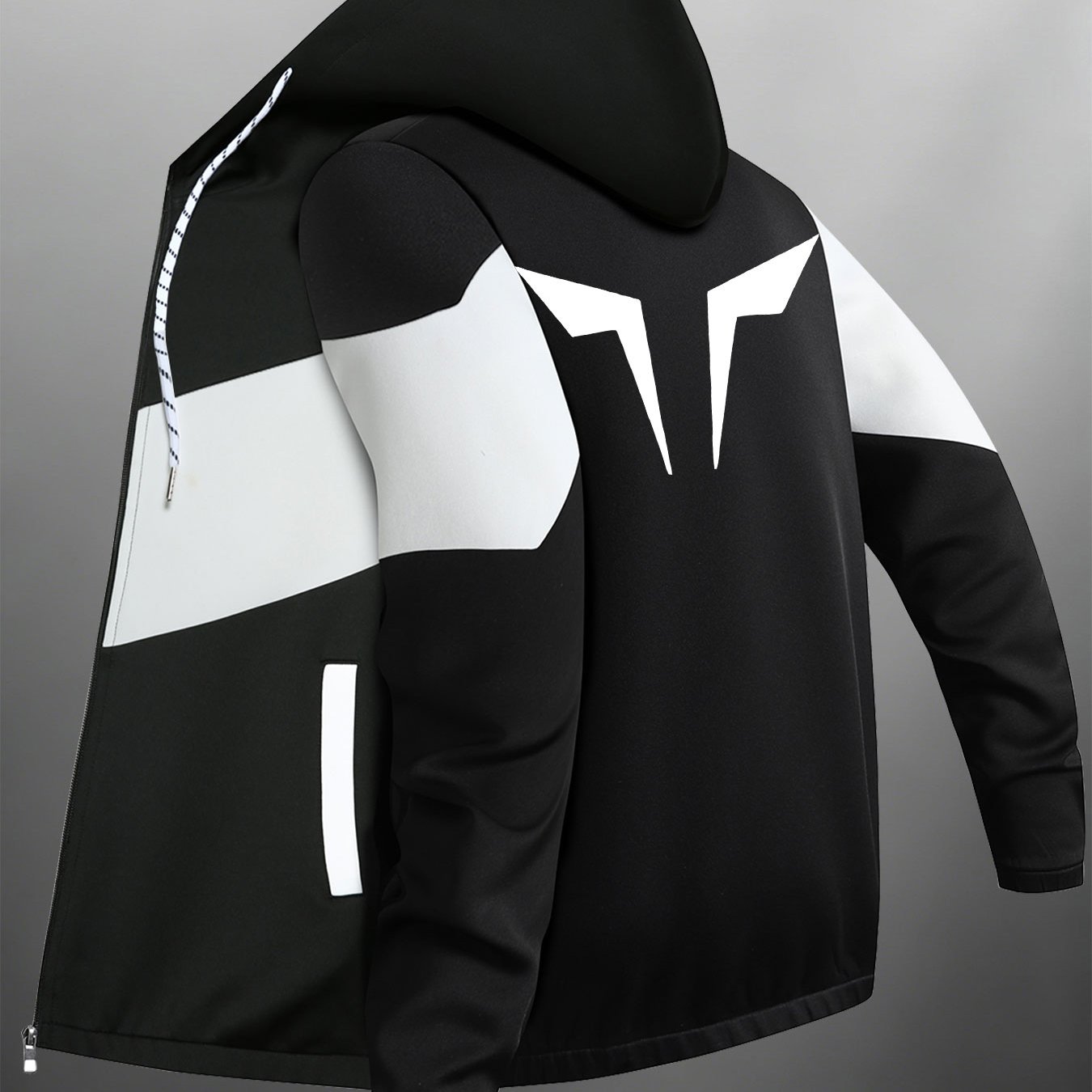 TEMU Men's Jacket With Hooded Zipper Front & Geometric - Hooded Outerwear Suitable For Business Casual, Baseball Style, Spring/autumn Wear, Machine
