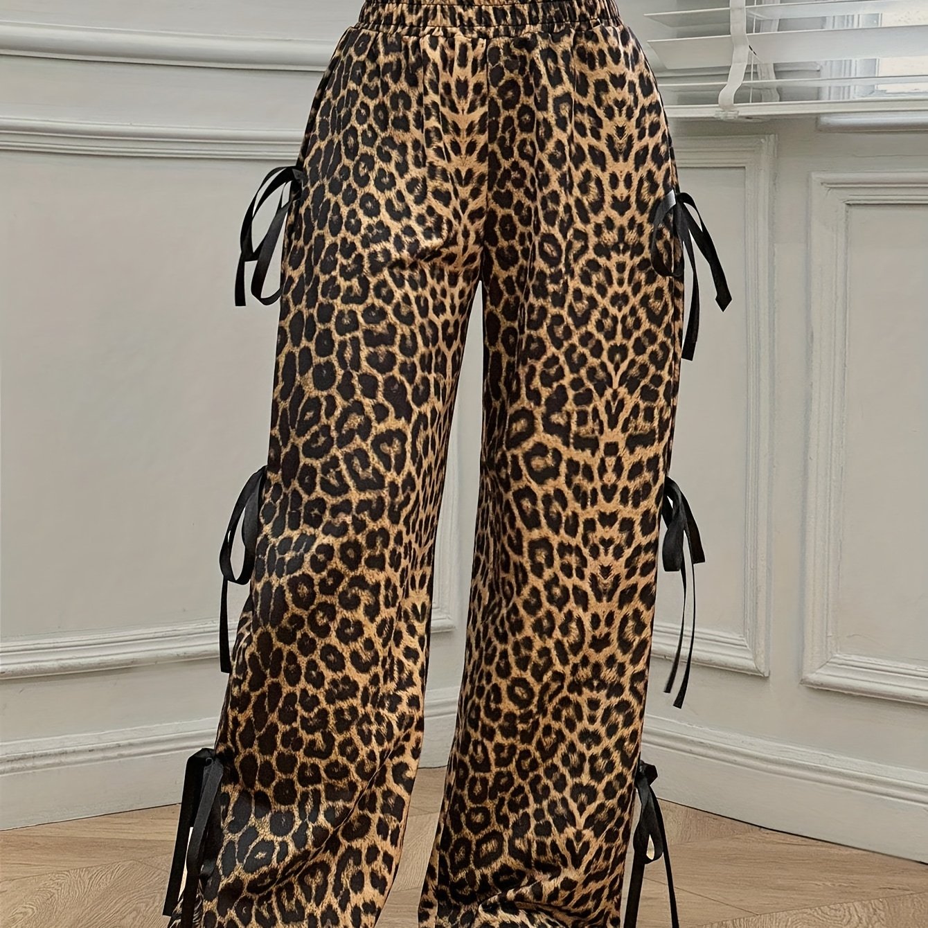 TEMU Pantalon Large à Imprimé Léopard Chic avec Détail Nœud Latéral - Taille Haute, Polyester Décontracté, Lavable en Machine - Parfait pour la Mode