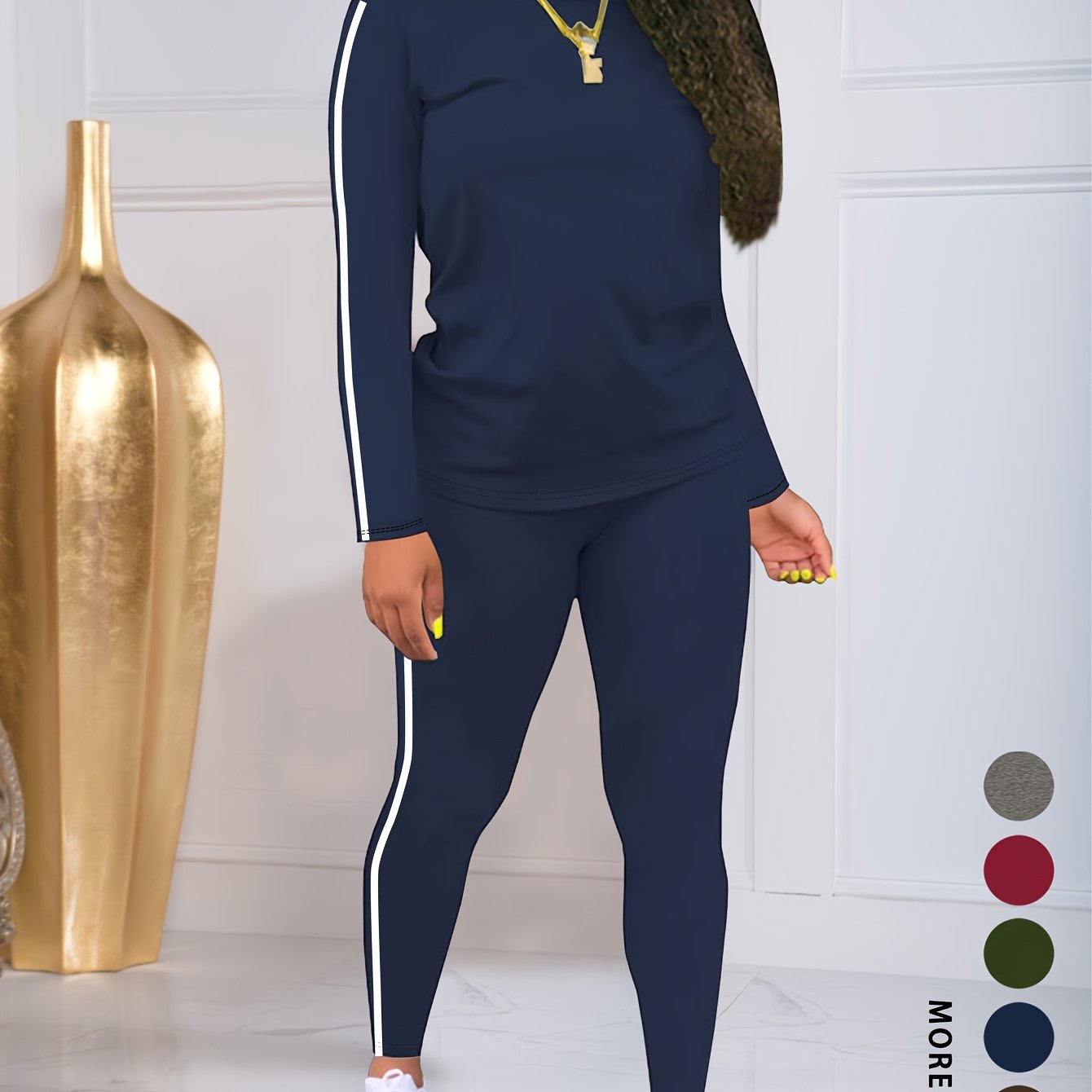 Image of Women's Fashion Elastic Waist Pants Set With Round Neck Long Sleeve Two-piece Suit