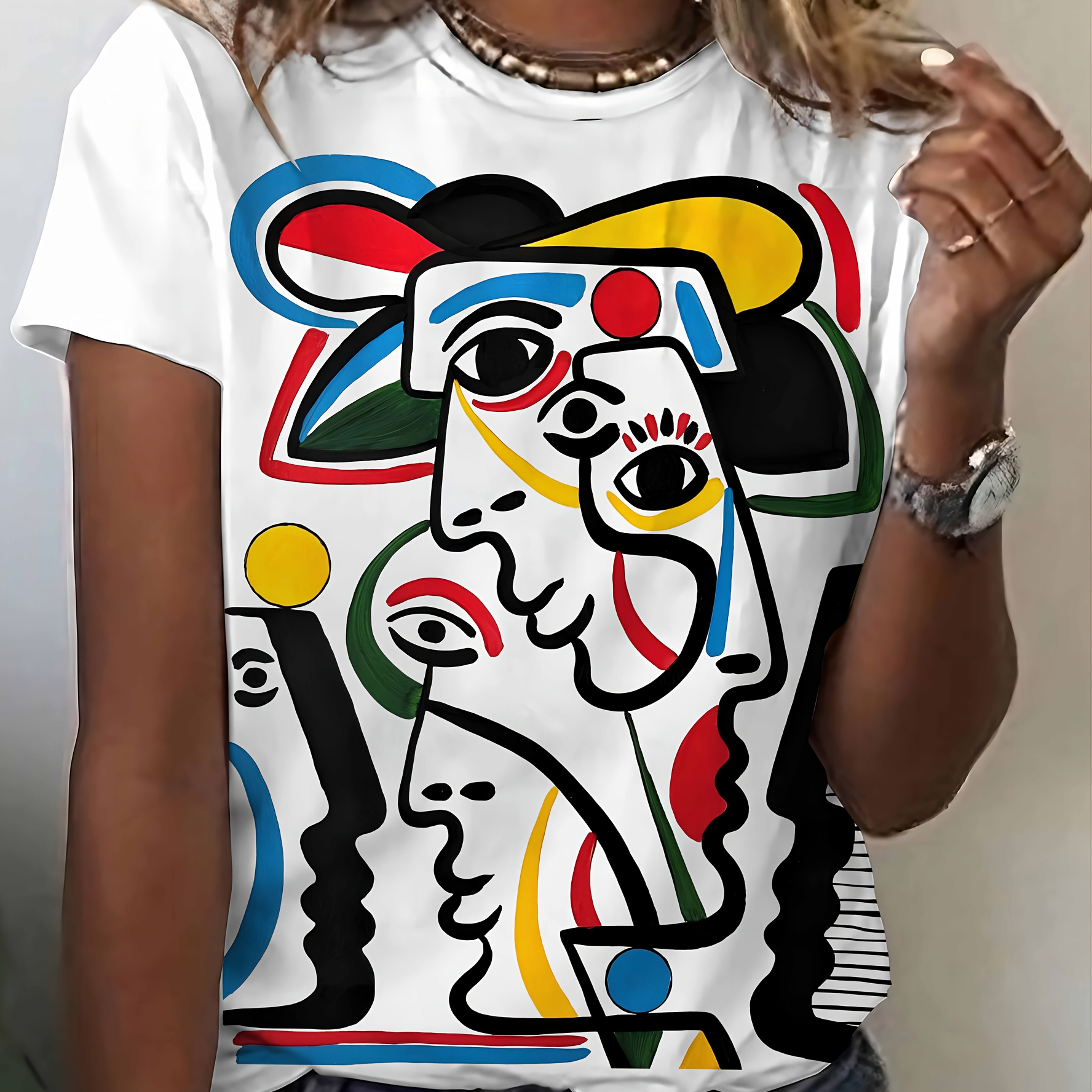 E-shop Wind! T-Shirt mit abstraktem menschlichem Gesicht-Aufdruck, modisches Damen-Top, lässiges elegantes Damen-T-Shirt mit Rundhalsausschnitt