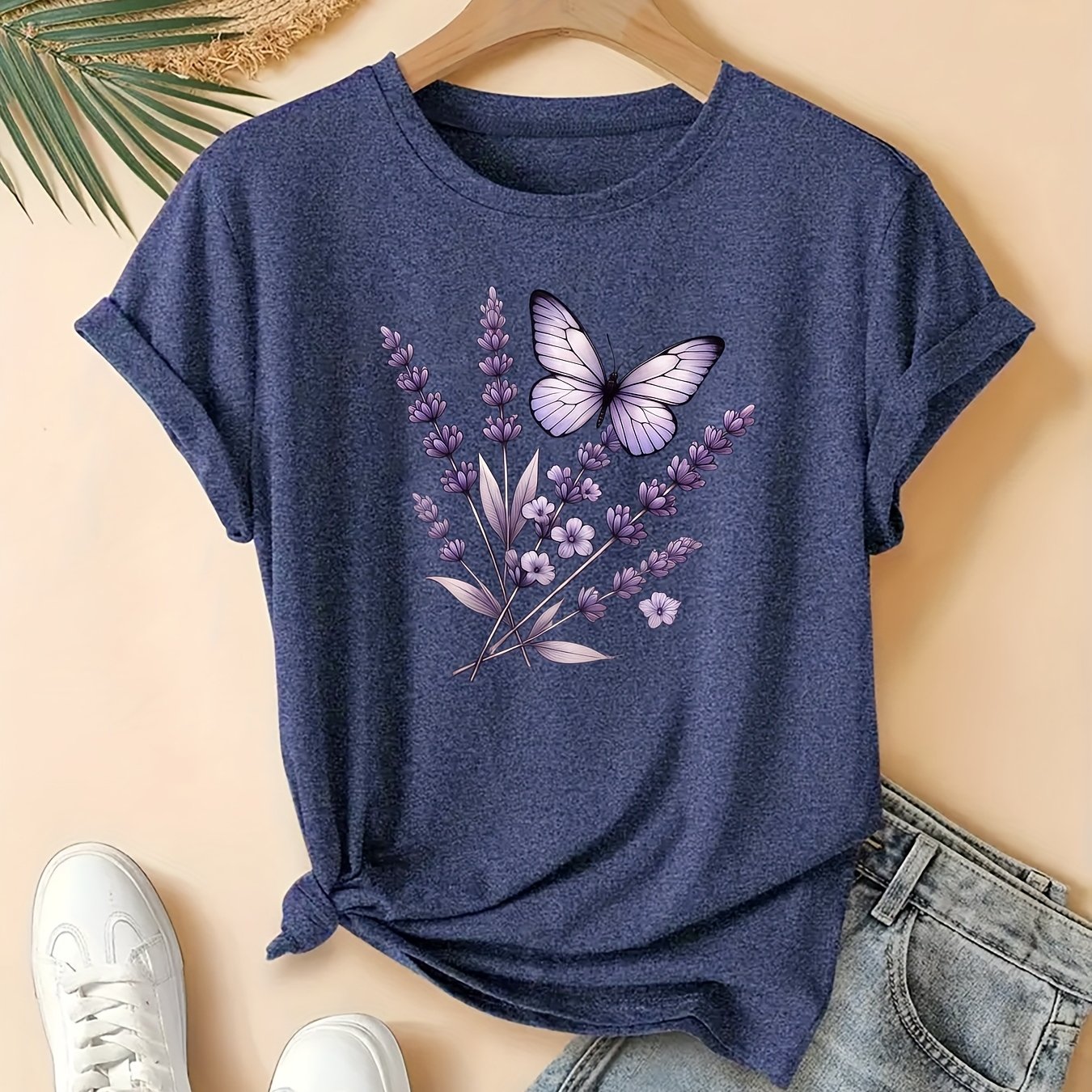 TEMU Plus-size Women's Floral And Animal Short-sleeve Purple Flower Round-neck Elegant Casual Cute Summer T-shirt, Stylish For Commuting, Vacation,