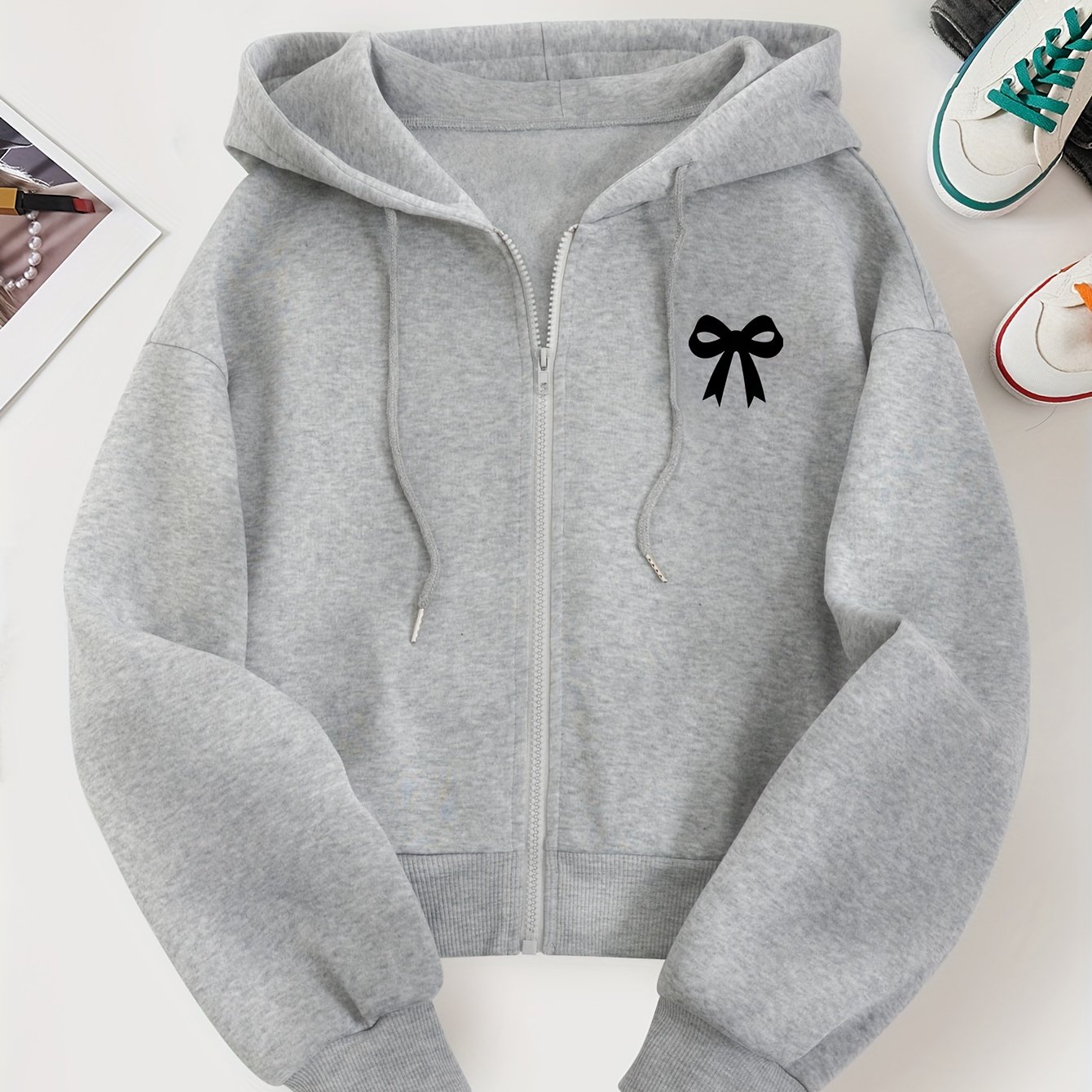 TEMU D139 - Women's Cropped Hooded Sweatshirt, Trendy And Creative Minimalist Bow Pattern Chest Print, Beautiful And Stylish Loose-fit Autumn/winter