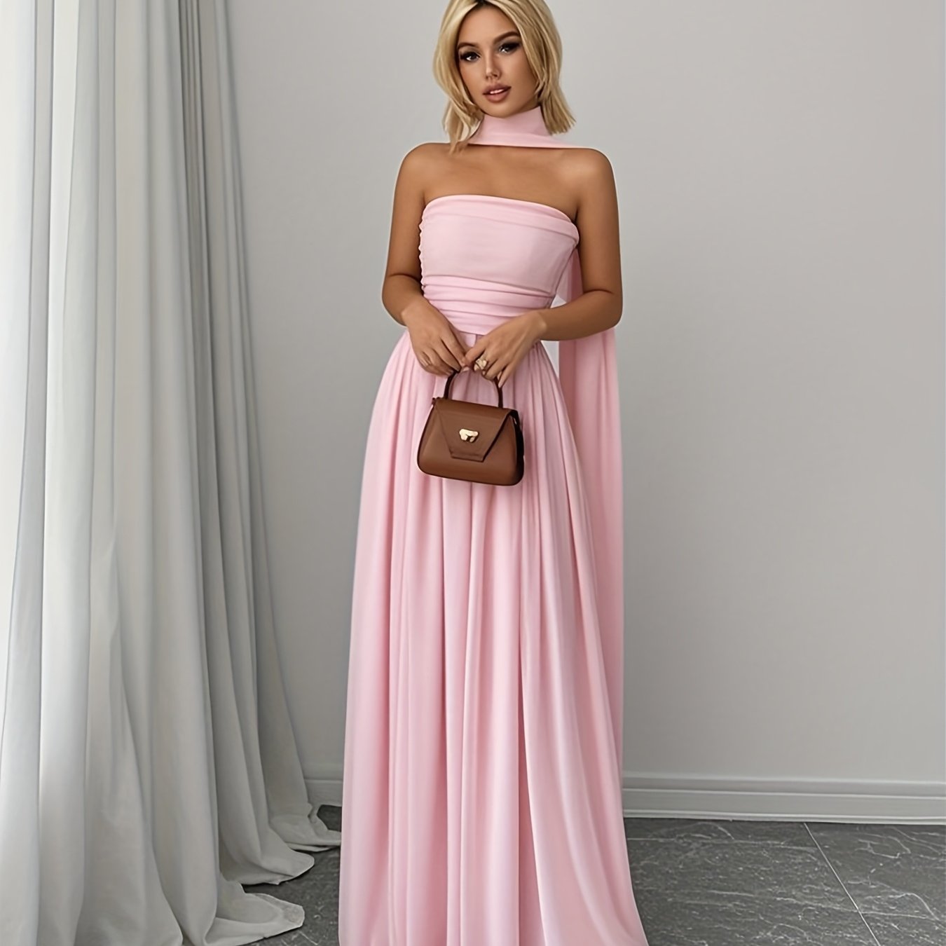 E-shop Elegantes, einfarbiges, ärmelloses Damenkleid mit Falten, Partykleid mit Schal