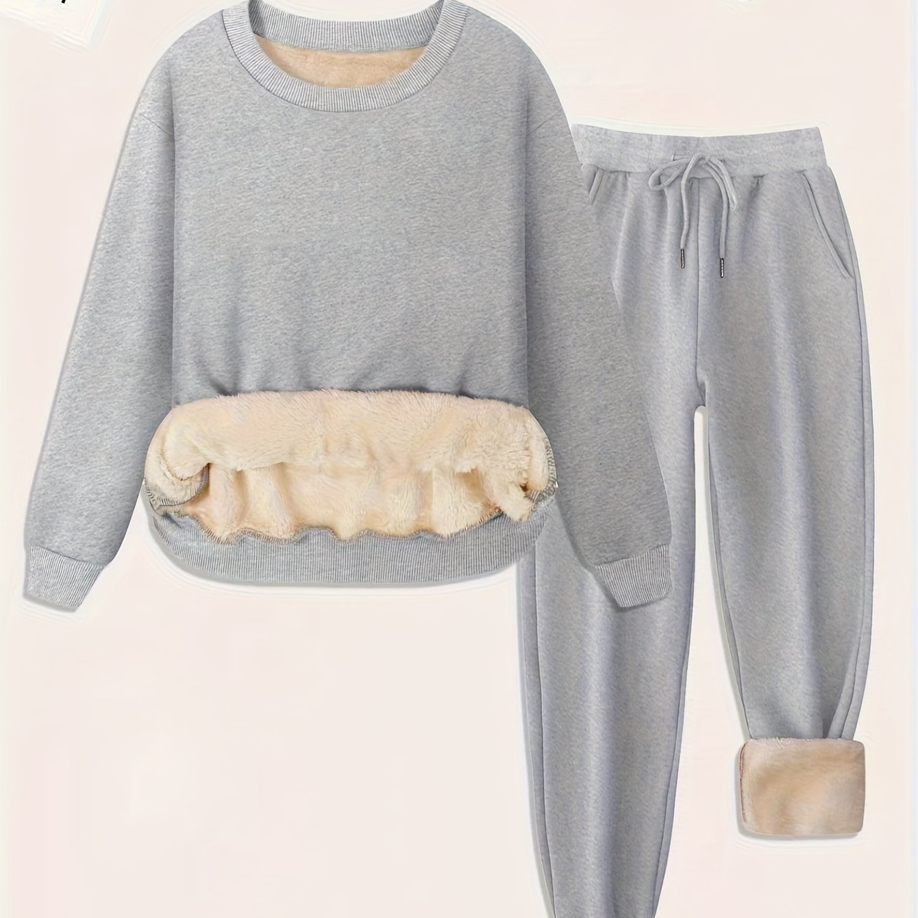 TEMU Autumn And Winter Lamb Fleece Round Neck & Pants Set With Thick Warm Long Sleeves â Comfortable Women's Outfit