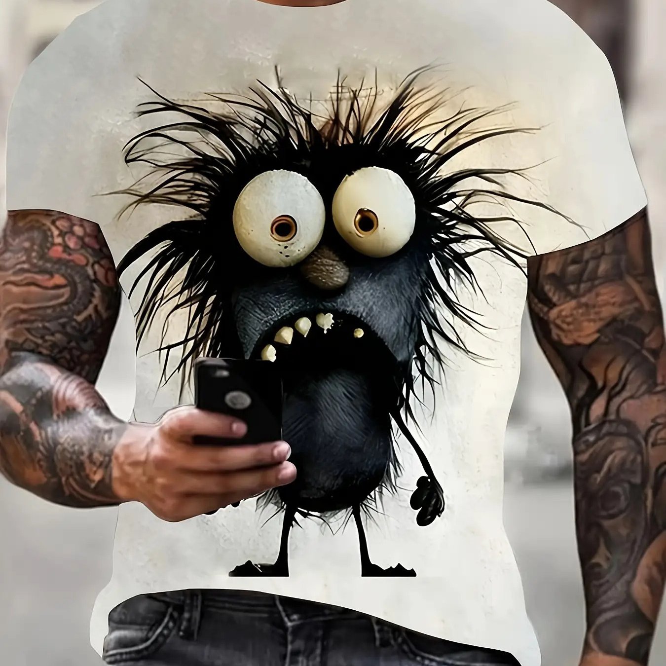 TEMU Men's 3d Cartoon Monster Pattern T-shirt | Casual Stretch And Spandex Blend, Machine Washable, Crew Neck - Perfect For Outdoor Activities