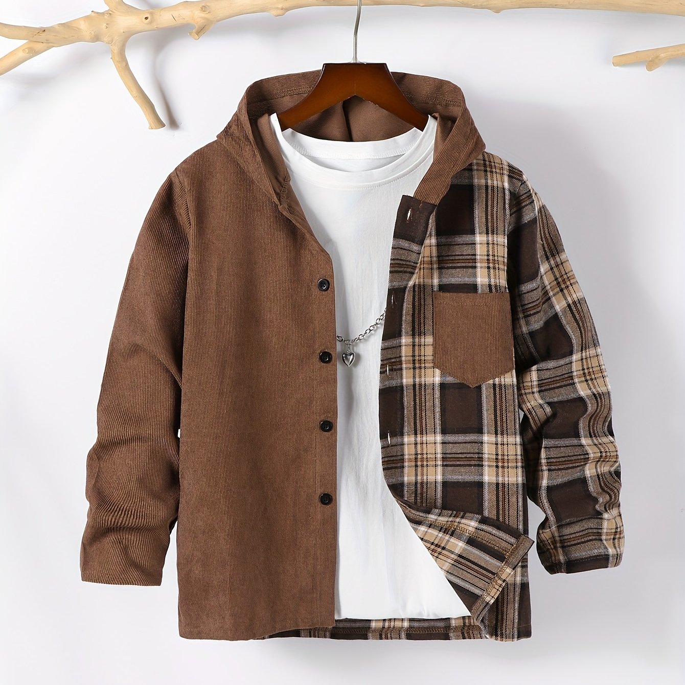 E-shop Teen-Jungen Casual Karo-Kapuzenpullover mit Langarm - Farbblock-Design, Fronttaschen, Maschinenwaschbar, Regular Fit für Frühling & Herbst