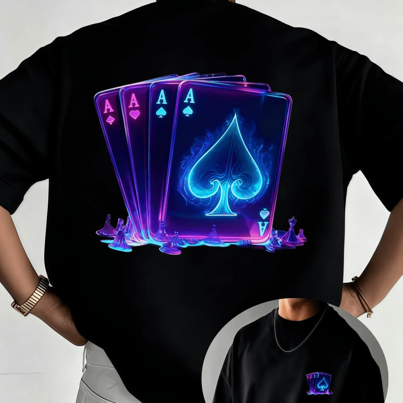 TEMU Futuristic Four-of-ace Playing Card Men's T-shirt - Unique Luminous , Suitable For Gaming Enthusiasts And Fashion Trendsetters, Perfect For