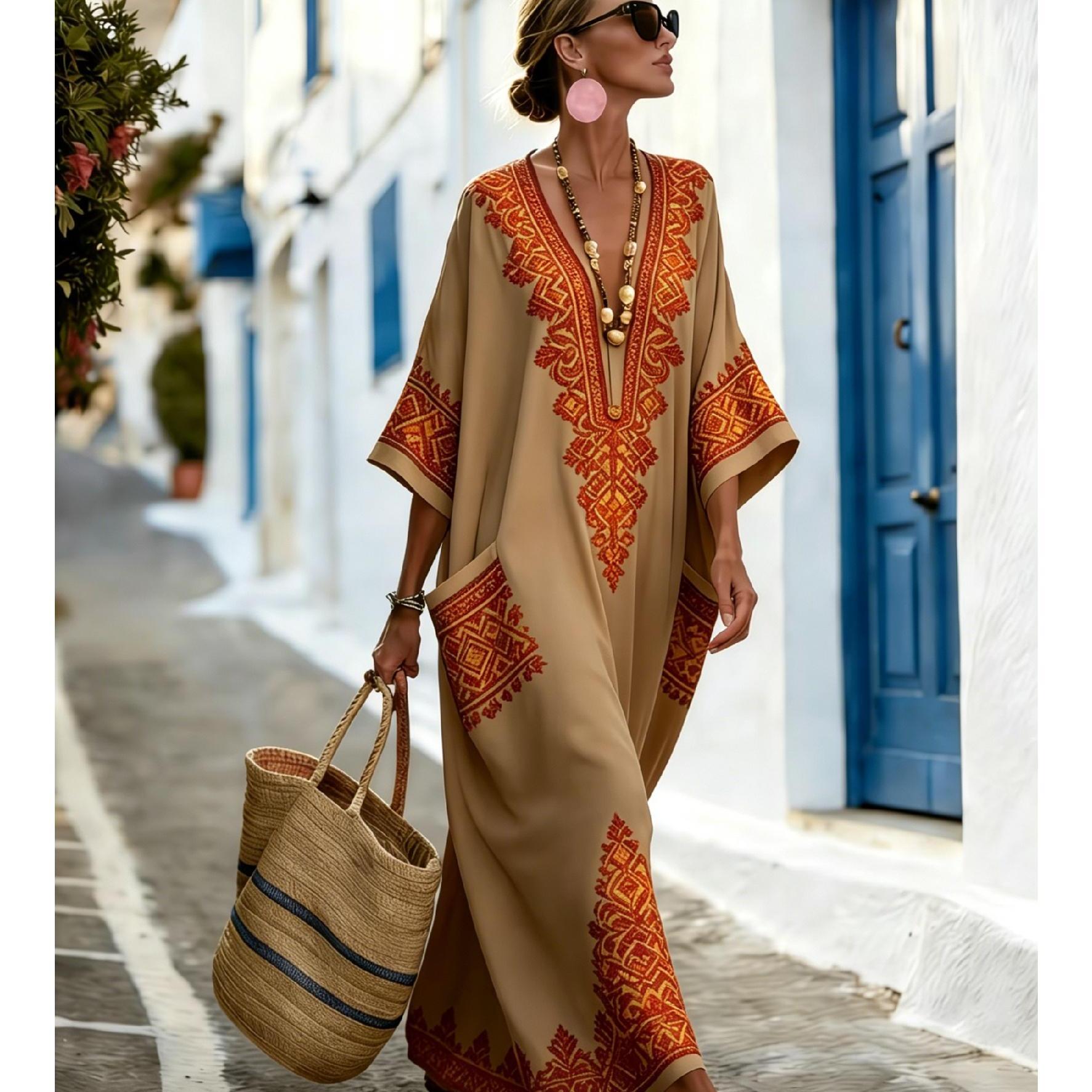 Women's Summer V-neck Dress, Orange Ethnic Geometric Print, Vacation , Elegant Loose And Comfortable With 2 Pockets, Machine Washable, Suitable For Daily Wear And Party Gatherings, Perfect As A Gift