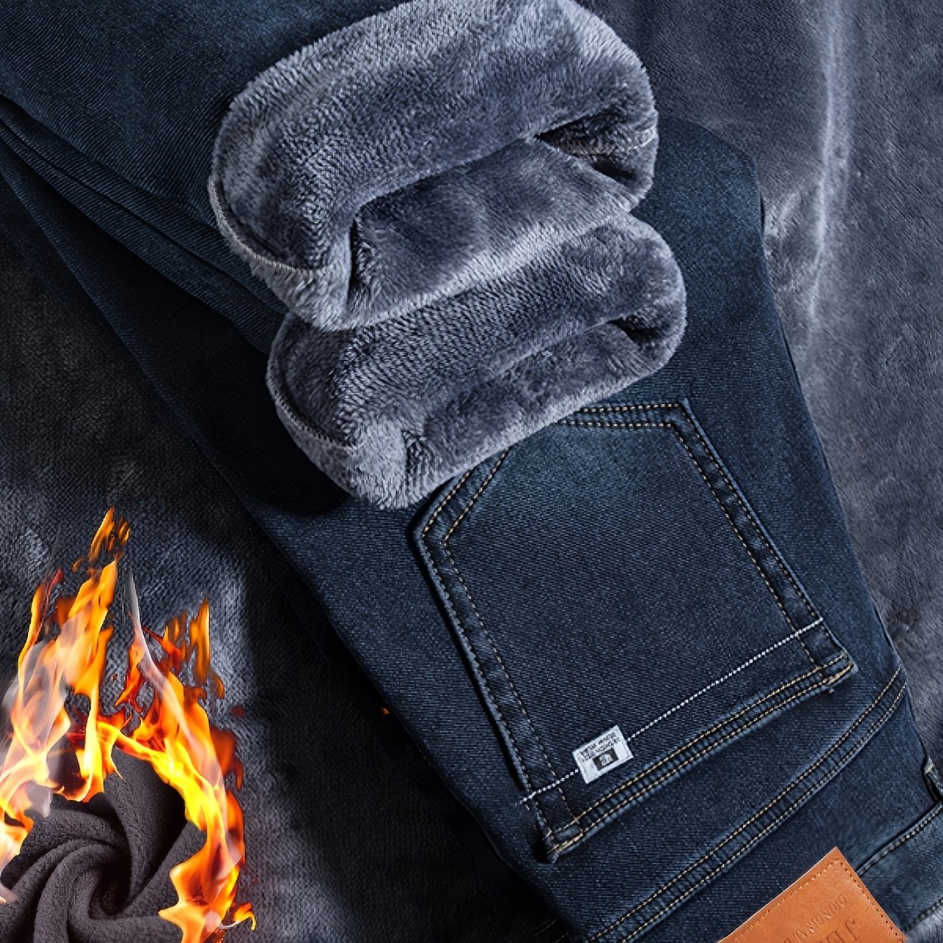Image of Men's Heavy-themed Winter Light Business Casual Pants - Thickened Warm Washed Denim, Loose-fit Mid-rise With Internal Zipper Closure, Solid Color For Professional & -casual Wear (machine Washable)