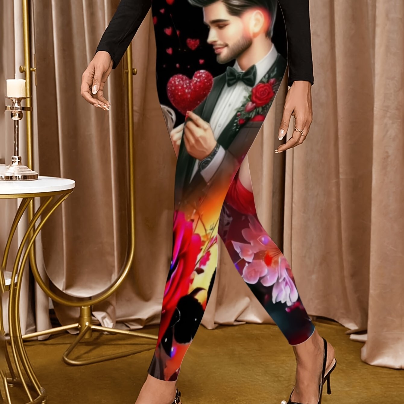 TEMU Women's Lover Print Leggings - Soft & Comfortable, Romantic Man Holding , Floral Accents, Casual Attire, Romantic Outfit| Print|, Romantic