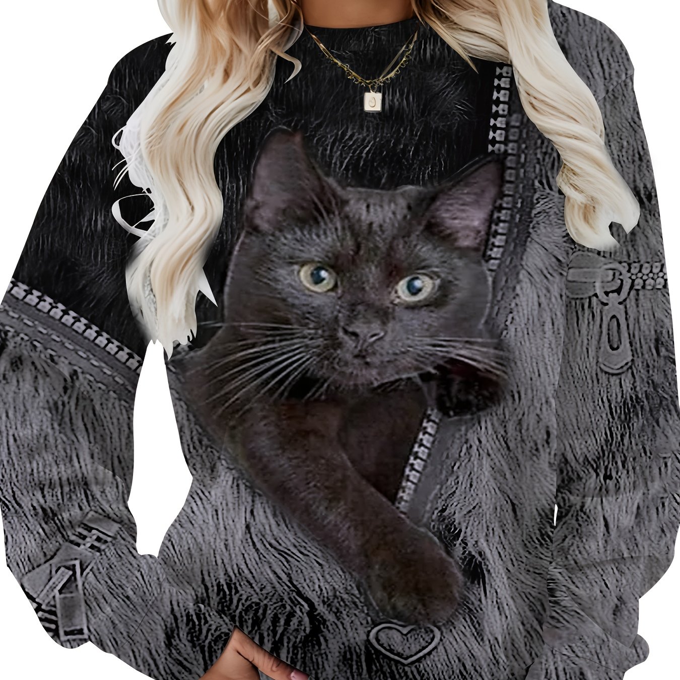 TEMU Plus Size Women's Casual Round Neck Athletic Sweatshirt, Black Cat Print Round Neck Long Sleeve Pullover Sweater - Soft Casual, Suitable For