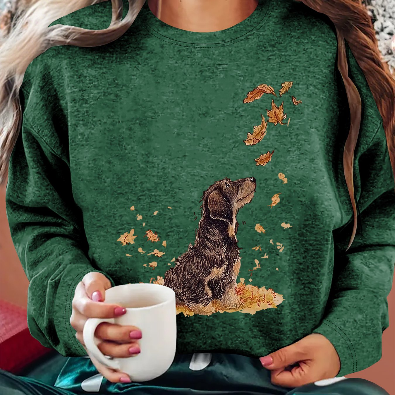 TEMU [2026 Women's Refresh] Women's Autumn/winter Clothing, Looking At Falling Leaves Print Round Neck Long Sleeve T-shirt, Inner And Outer Wear,