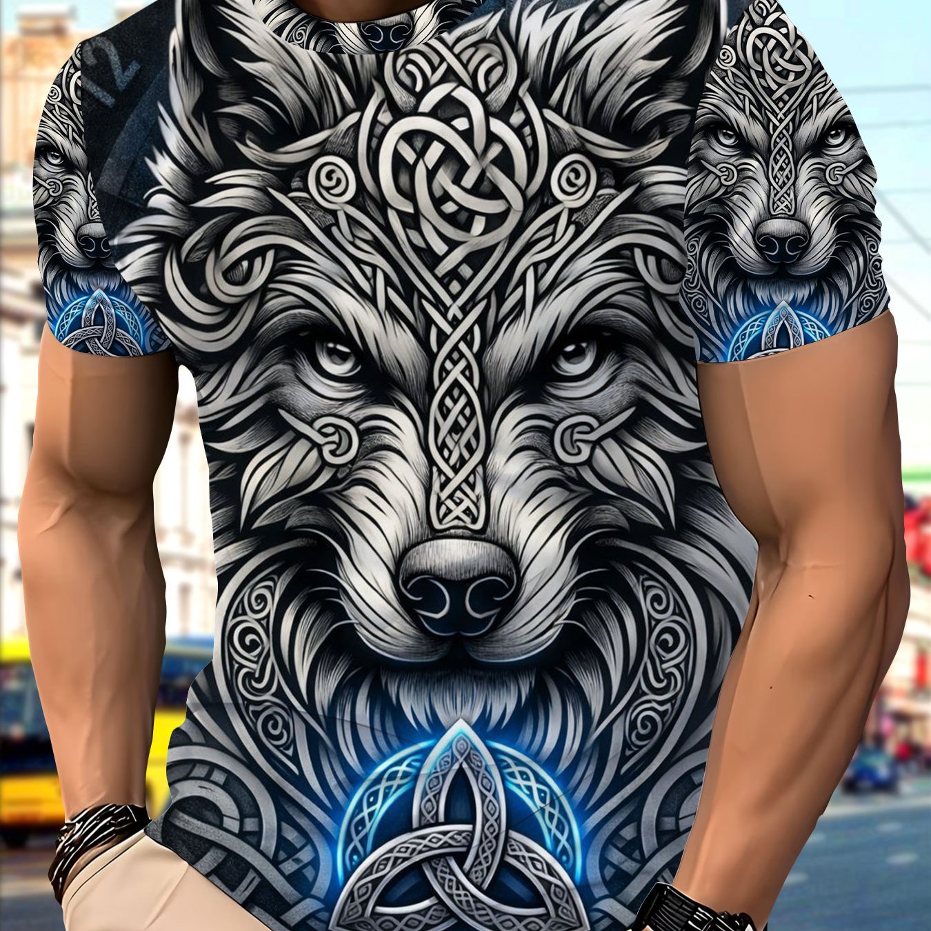 TEMU Men's 3d Men's Celtic Wolf Graphic Print Polyester T-shirt, Vintage Norse Knotwork Neck Short Sleeve Tee, Casual Breathable Lightweight Top For