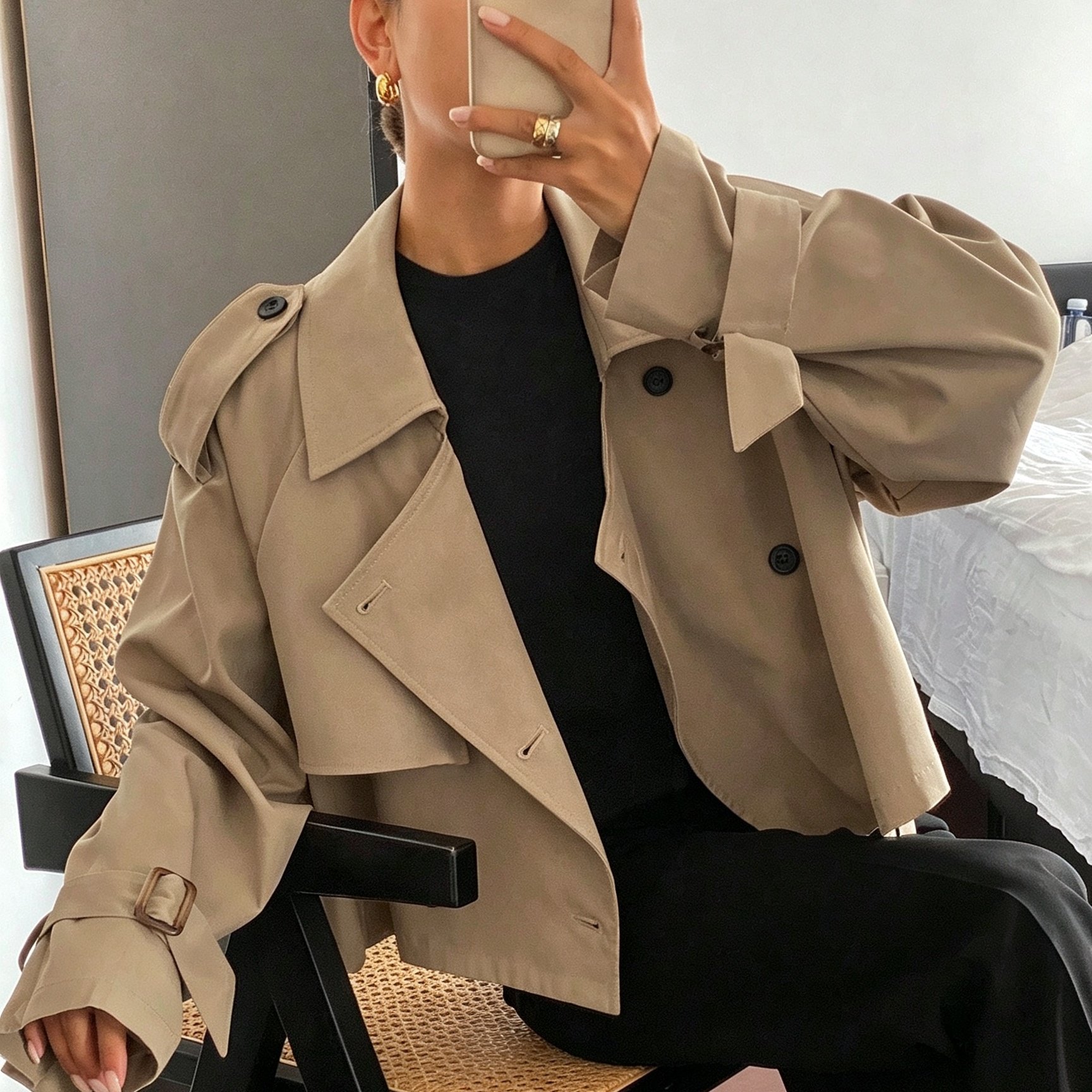 TEMU Women's Fashionable Short Trench Coat, Lapel-collar Long-sleeve Jacket, Suitable For