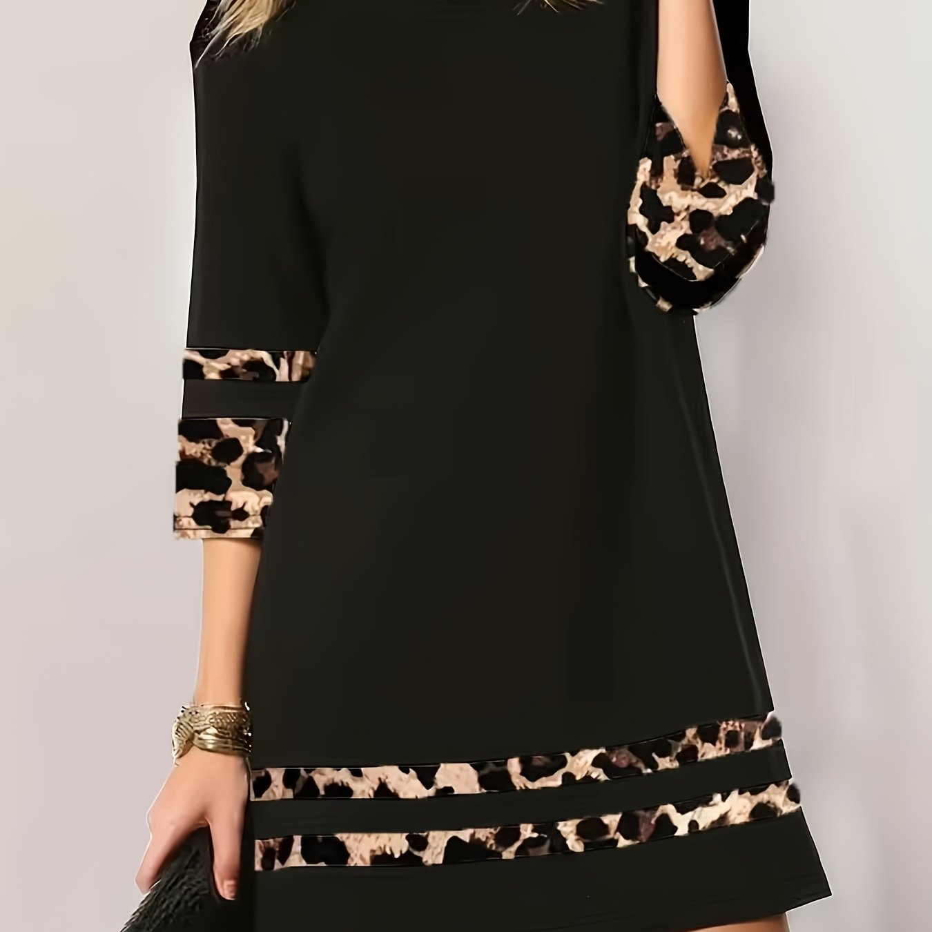 TEMU Elegant Leopard Print & Color-block Dress - Mid-length Dress With Round Neck & -quarter Sleeves, Stretch Fabric Suitable For Spring Summer Fall,