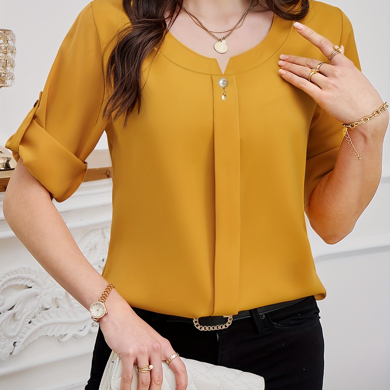 TEMU Women' Color Round Decorative Button Top