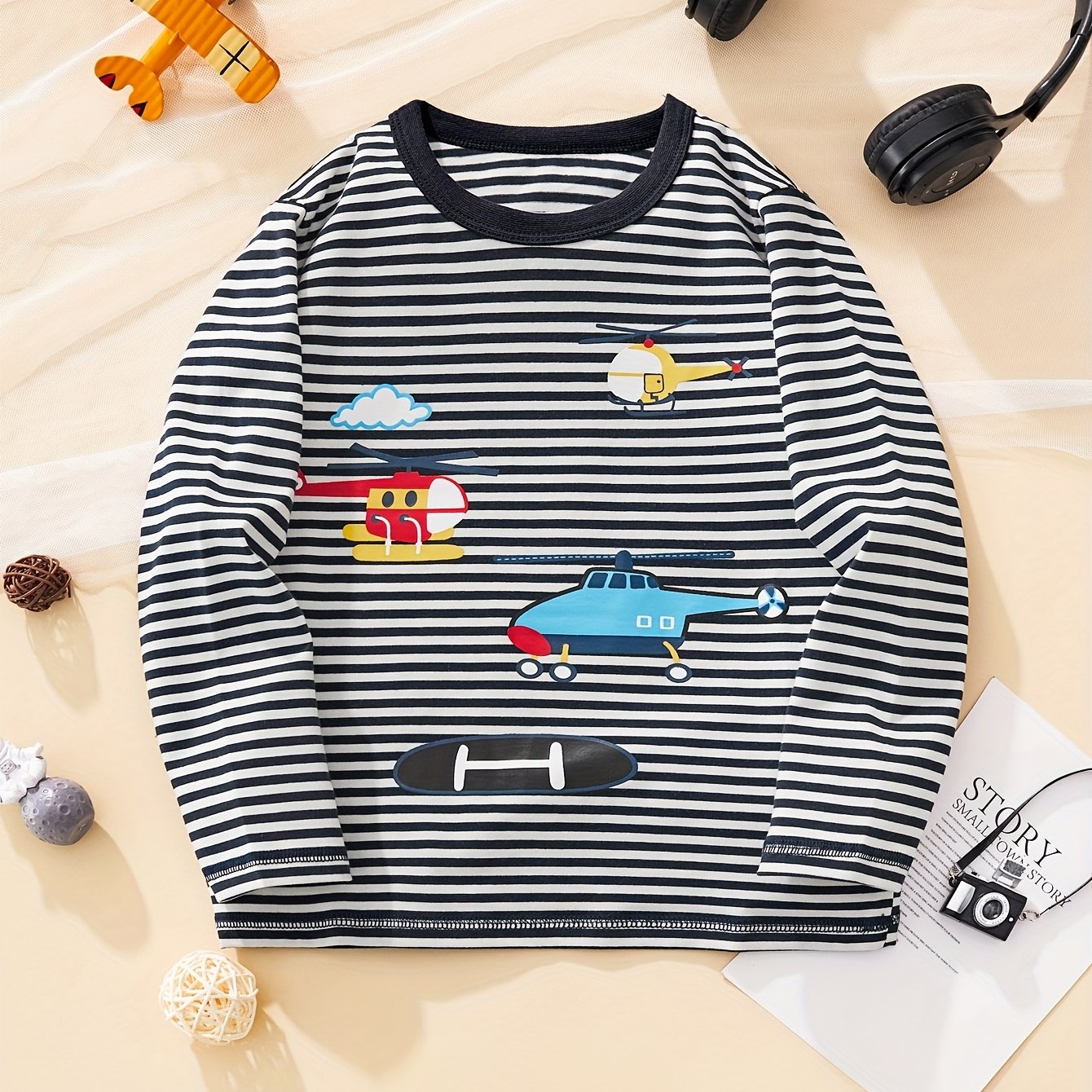 Boys' Long Sleeve T-shirt, Cartoon Helicopter Pattern, Autumn Trendy Style