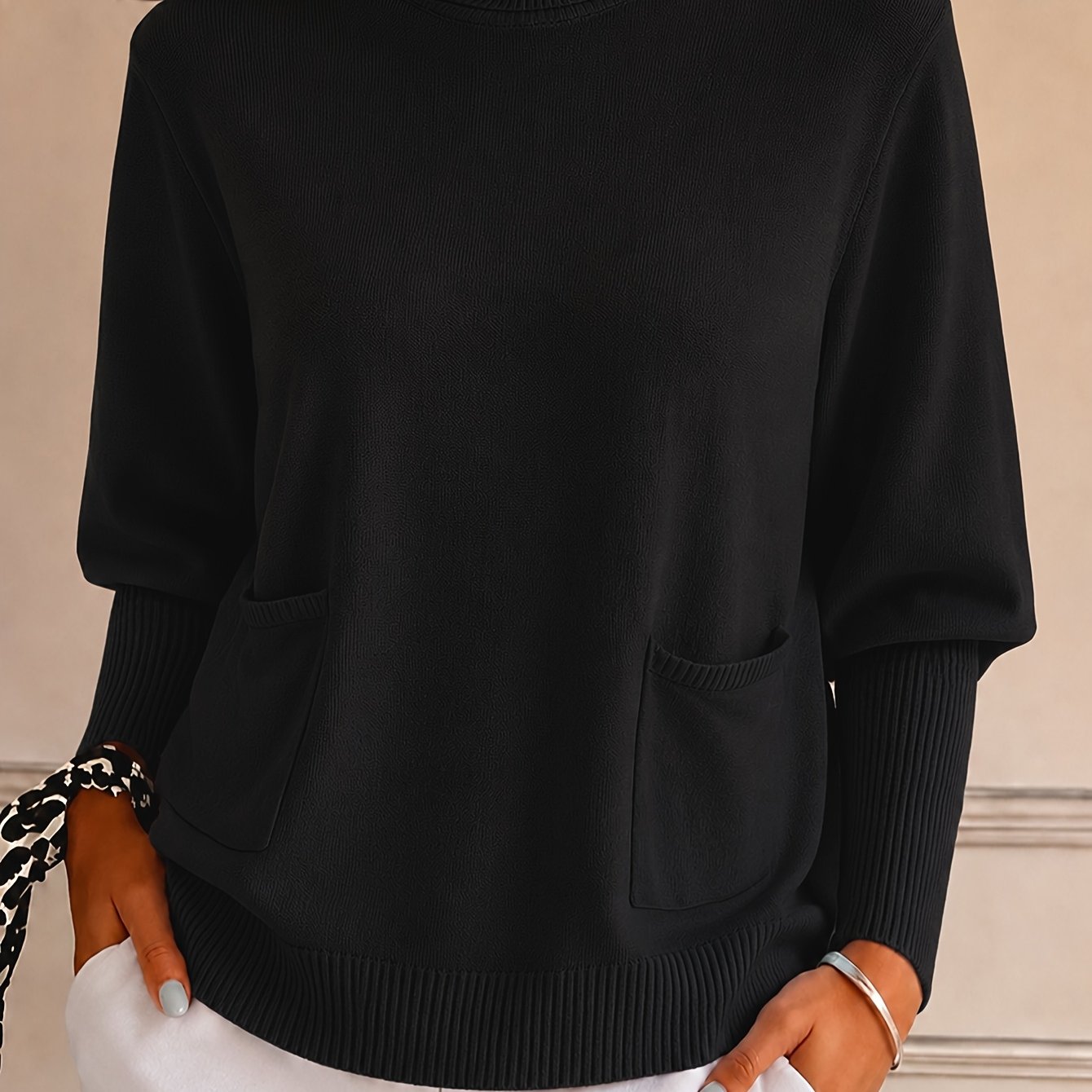 TEMU New Arrival, Fashionable Autumn Winter High Neck Casual Versatile Pocket Sweater