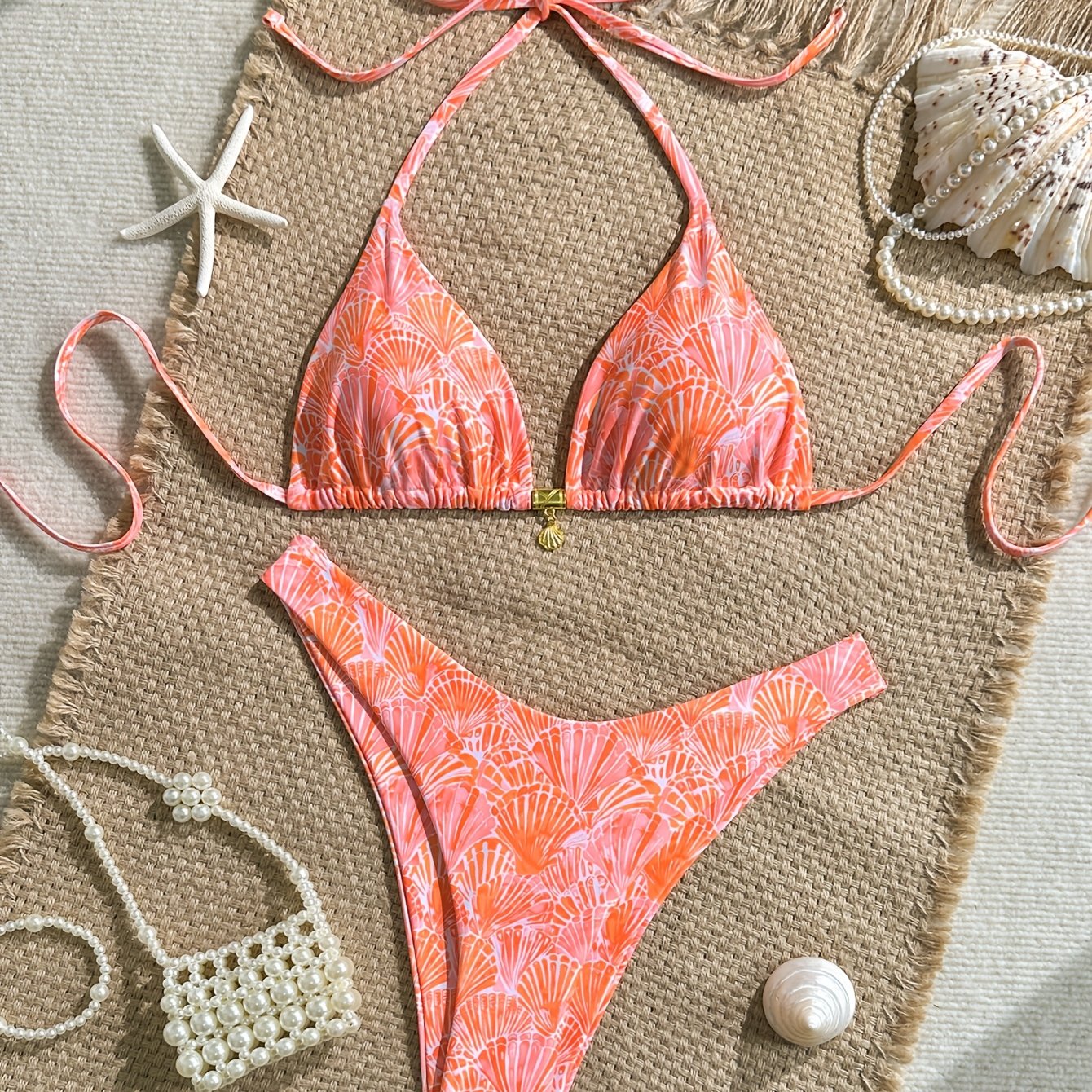 TEMU Conjunto de bikini con estampado de conchas naranjas para playa y costa