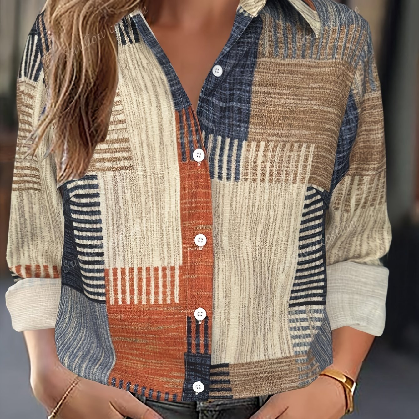 2025 Spring New Women's Fashion Shirt, Stylish Versatile Casual Color-block Button-up Collared Long Sleeve Top