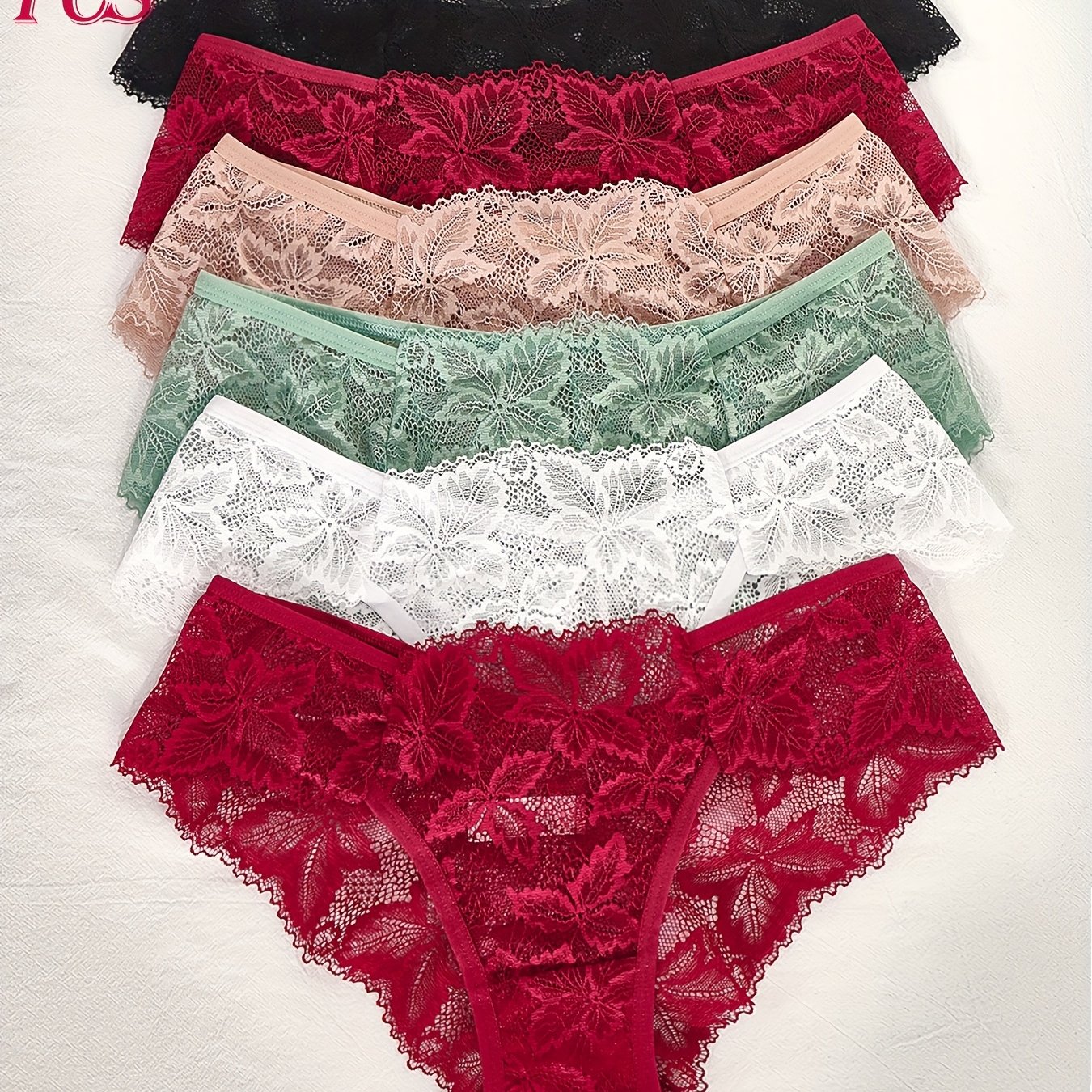 Image of 6pcs Women's Elegant Lace Underwear Set - Soft Breathable Briefs With Contrast Lace Trim & Mid-rise Fit Panties, S-xl Sizes, Everyday Essential Panty Liners (non-sheer, Delicate Lace Collection)
