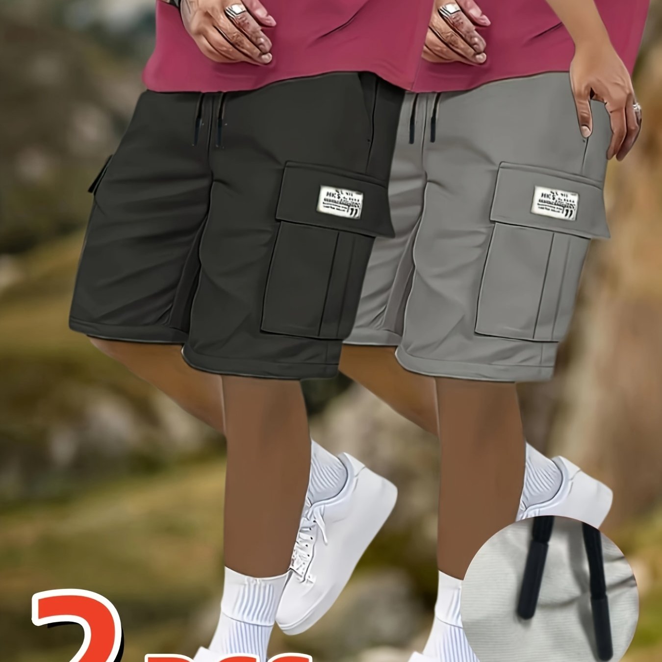 TEMU 2pcs Men's Casual Cargo Shorts Set - Mid-waist With Elastic Waistband, Multi-functional , Suitable For Golf And Outdoor Activities. In Black,