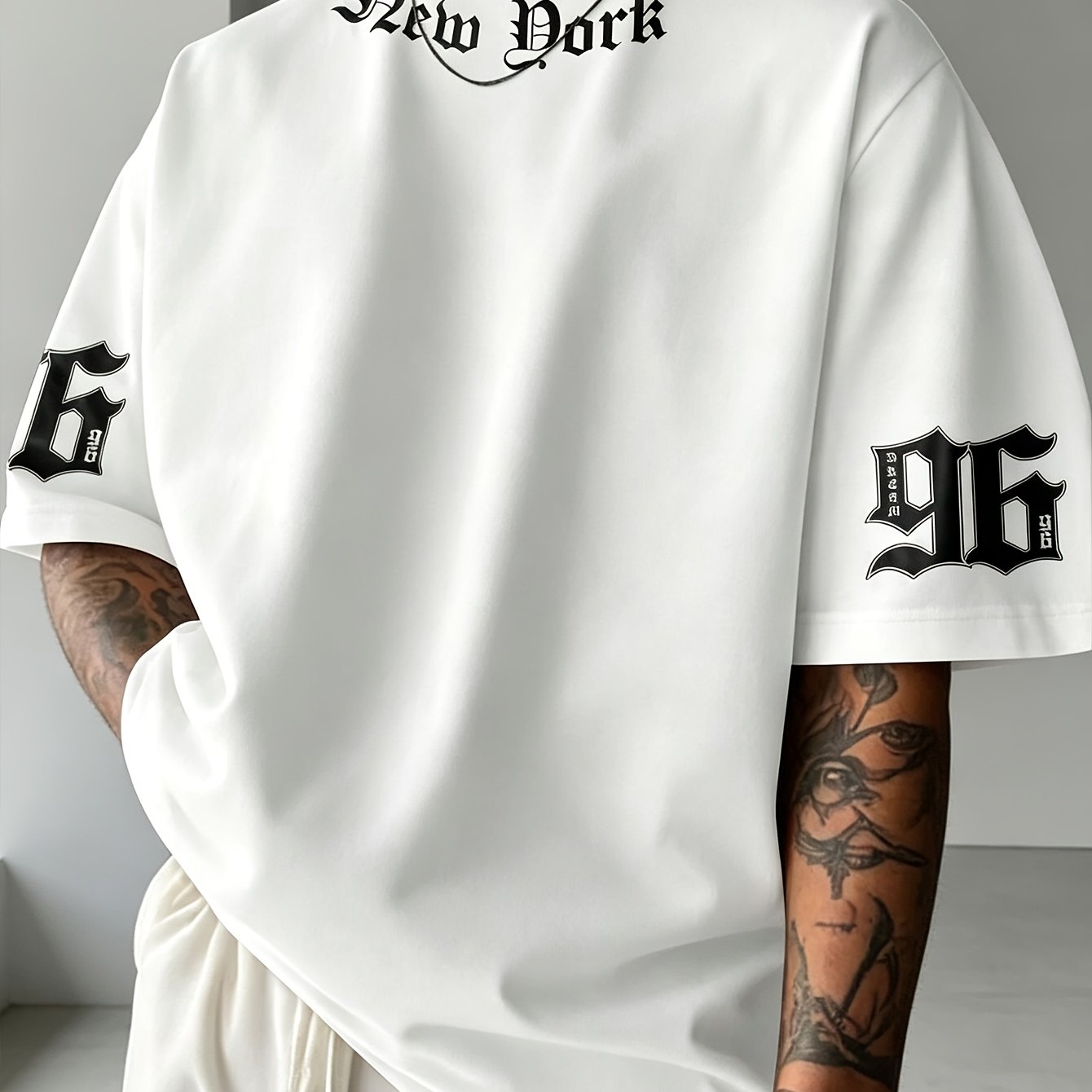 TEMU Men's American- Neck Short-sleeve T-shirt With Dual-sleeve Print Design, A Trendy High-street Style Solid-color . Suitable For Daily ,