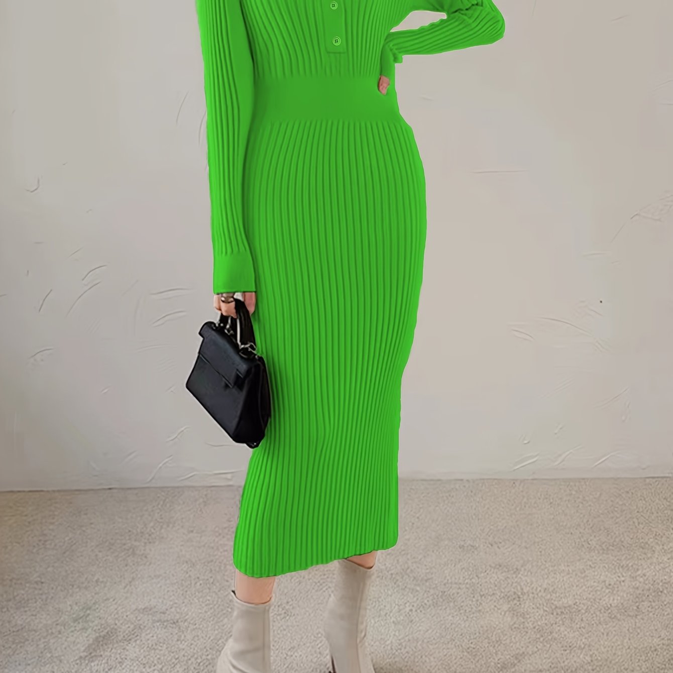 TEMU Spring And Autumn Self-cultivation Dress Women's Base Skirt Versatile Long Skirt Long-sleeved Inner Wear Autumn And Winter Base V-neck Dress