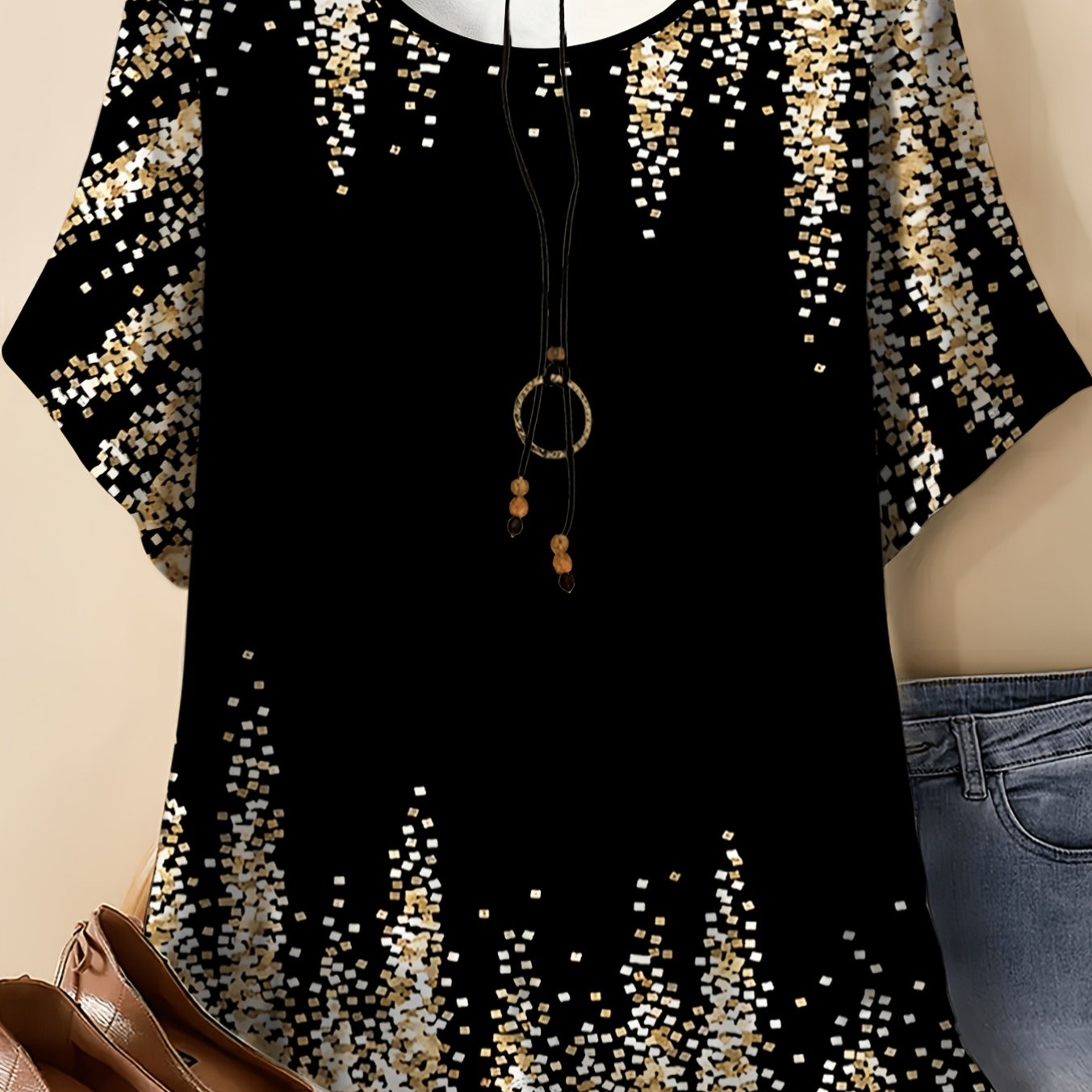 Plus Size, Plus Size Women's T-shirt Features A Tassel Pattern On And Lower Parts, Of Golden And White Small Squares, A Drooping Tassel Design. Is Solid Black, A Visual Balance Of "complex