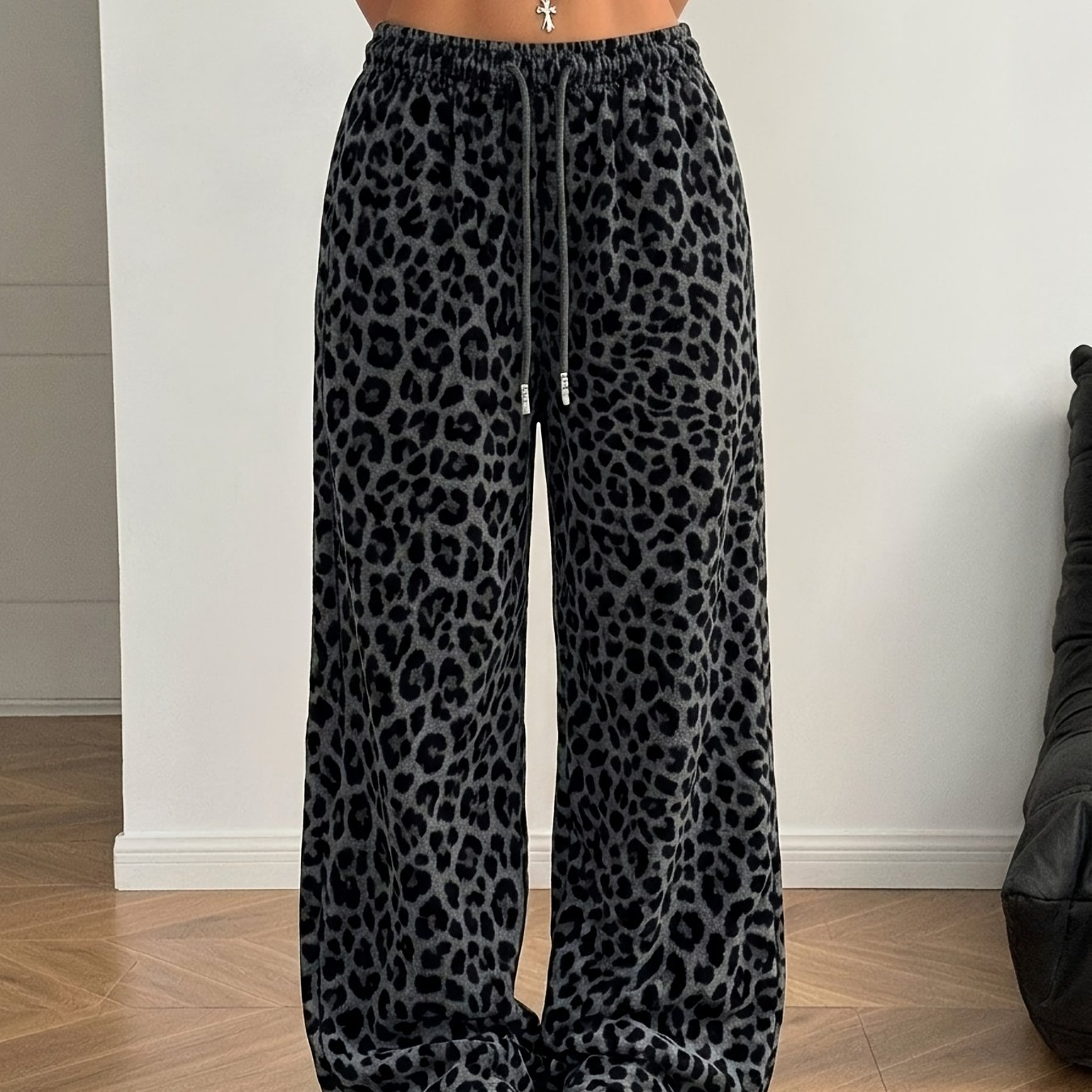 TEMU [Komplette Version und Basisversion] Dunkelgraue Herrenhose mit Leopardenmuster, weite Beine, Damen, Herbst Winter, hoher Bund, lockere, gerade