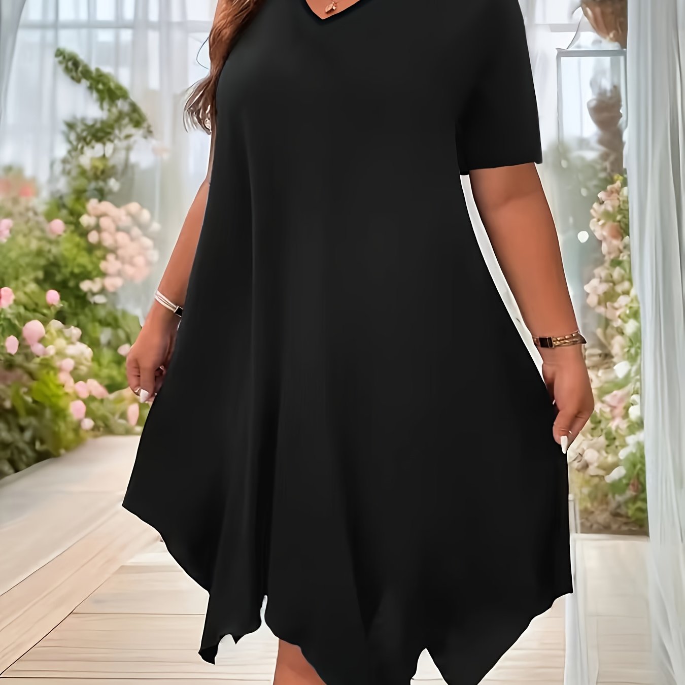 Plus Size, Plus Size Fashion Solid Color Asymmetrical Hem Dress