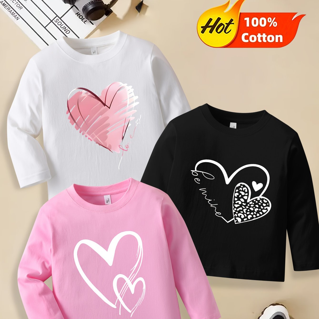 Image of Autumn New Arrival Solid Color Top 3-piece Set For Girls, 100% Long-sleeve T-shirt With Heart Print, Comfortable Top Suitable For Daily Wear, Kids' Casual Pullover, 3-pcs