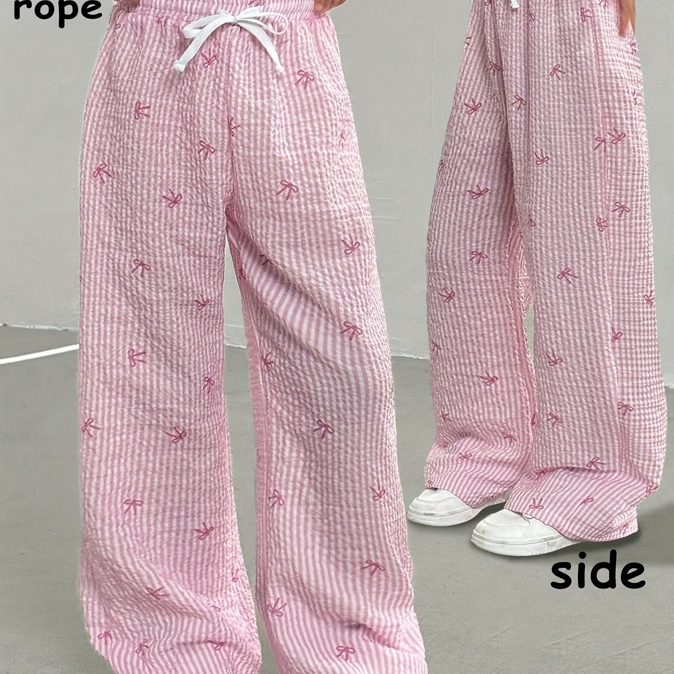 Image of Teen Girl Clothes: Girls' Fashion Casual Pants, Style Pink Striped Bow Print Belt Loose White Contrast Lace-up Pants; Suitable For Back-to-, , ; Girls' Fashion Casual Straight-leg Trousers;