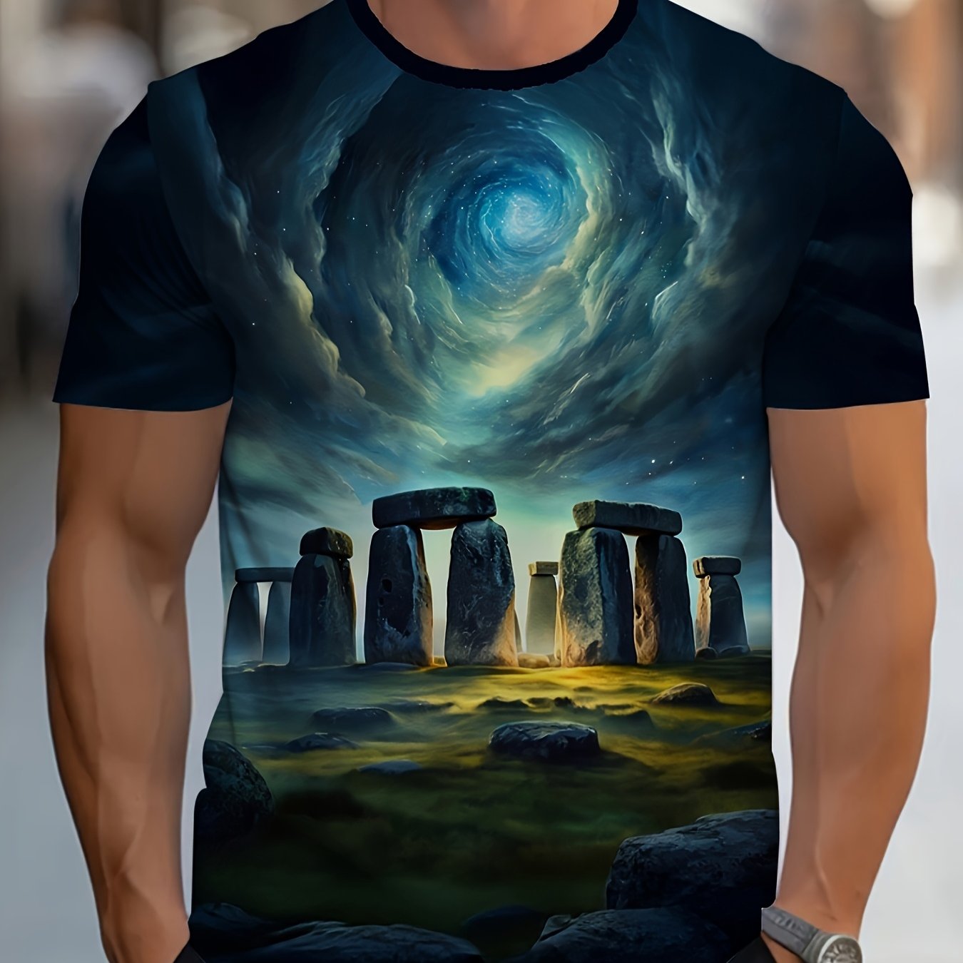 TEMU Men's Dark Blue & Print T-shirt - Lightweight Summer Short Sleeve Tee With Design, Durable Casual Shirt For Night Sky Enthusiasts & (machine