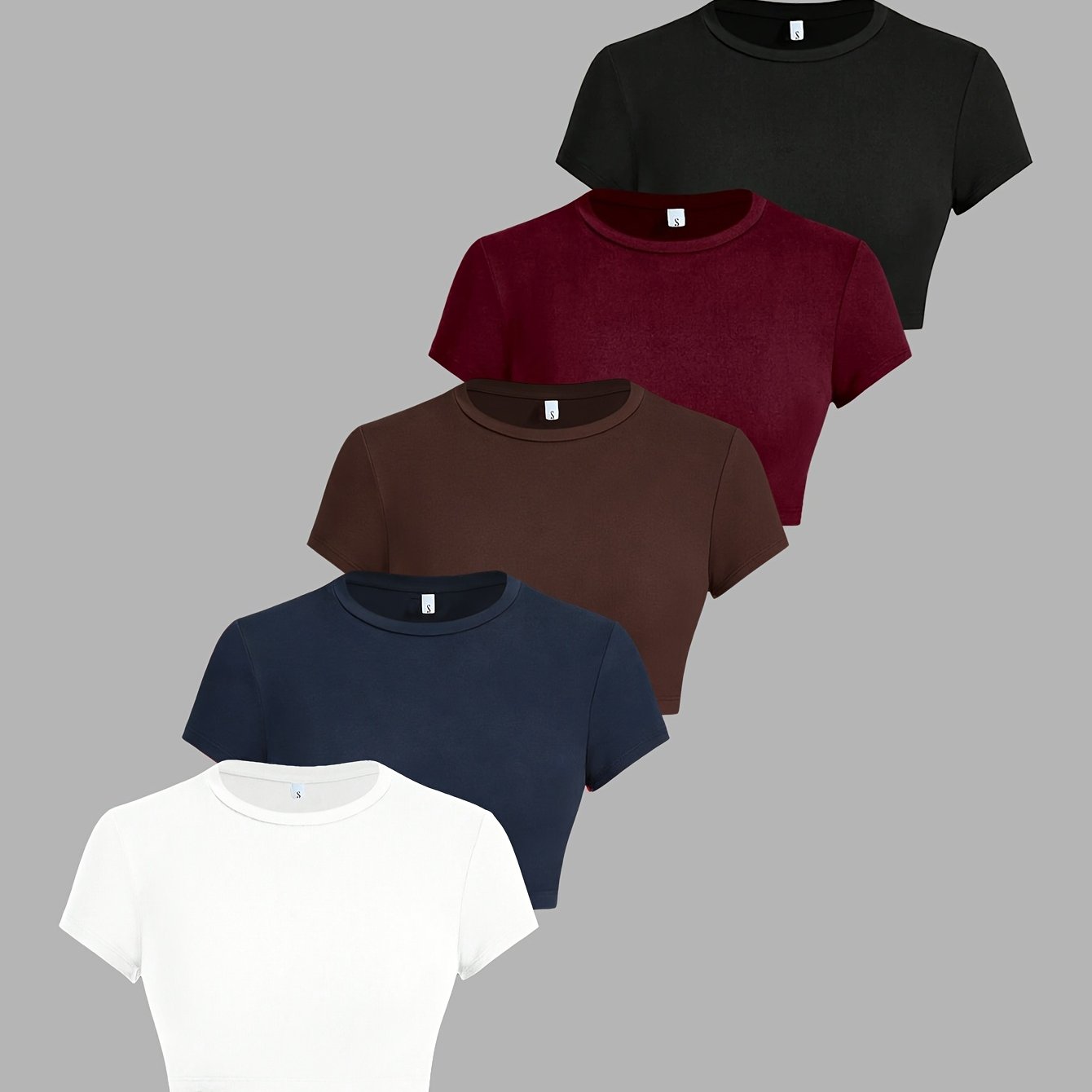 TEMU 5pcs Set Navel-baring Sexy Fashionable Short T-shirt, Women's Round Neck Short-sleeved Slim-fit Short Top