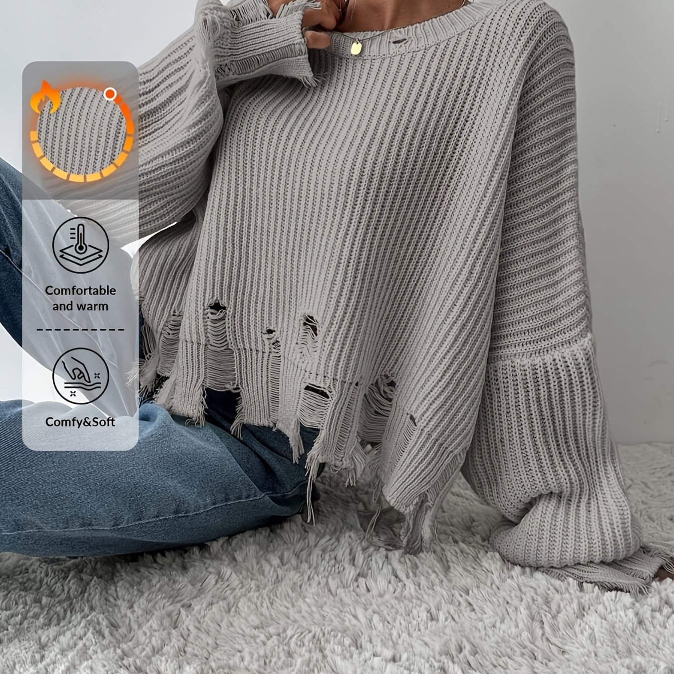 TEMU Elegant Fashion Round Neck Versatile Vintage Distressed Hem Sweater For Women, Loose Fabric Comfortable Lazy Sweater, Short Outerwear And Inner