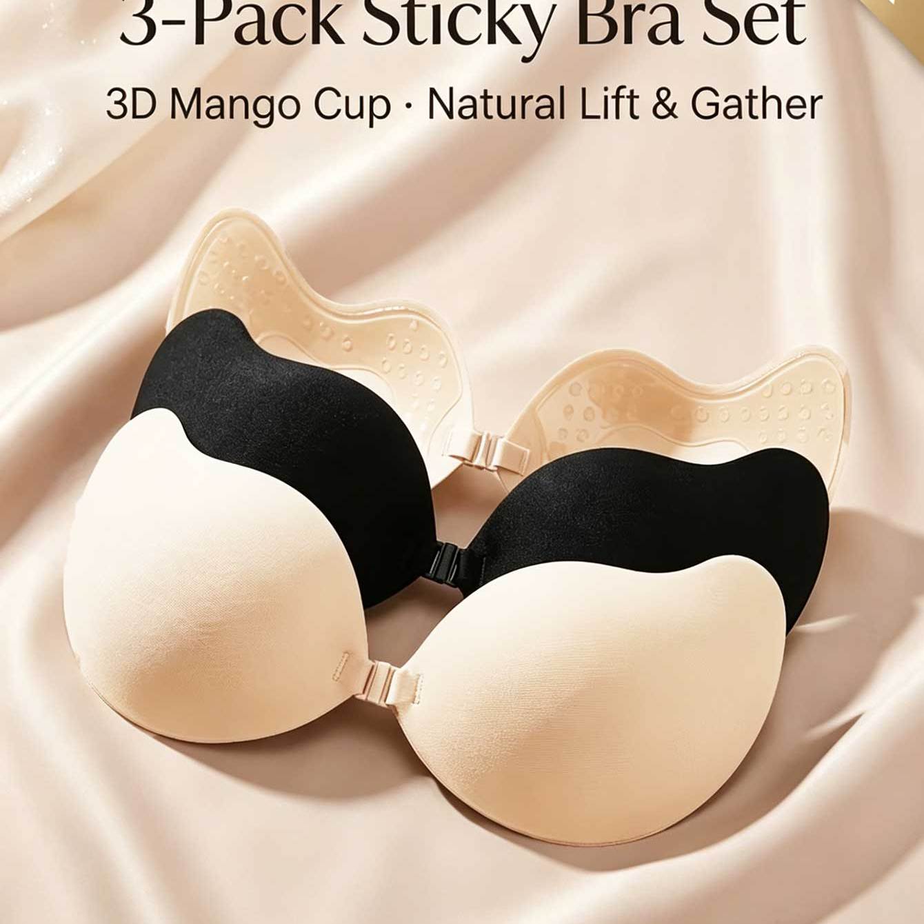 TEMU 3-pack Mango-shaped Sticky Bra Front Buckle Invisible Push-up Adhesive Bras, Thin Seamless Edge Reusable Chest Cups For Wedding Dress Camisole