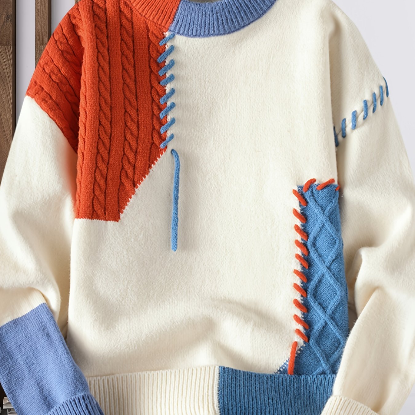 TEMU Men's Korean Style Round Neck Sweater, Youth Fashion Cable Knit Thick Warm Pullover, Fall Winter New Contrast Casual Base Layer 668