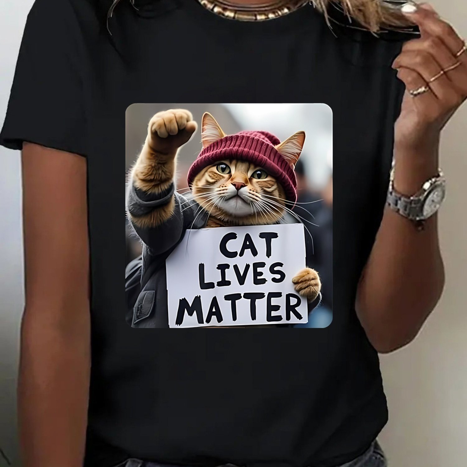 TEMU Women's T-shirt - Black Cat With Red Hat Design, Breathable Short Sleeve Top For Spring Summer & Wear | Cute Feline Apparel For Cat Ladies &