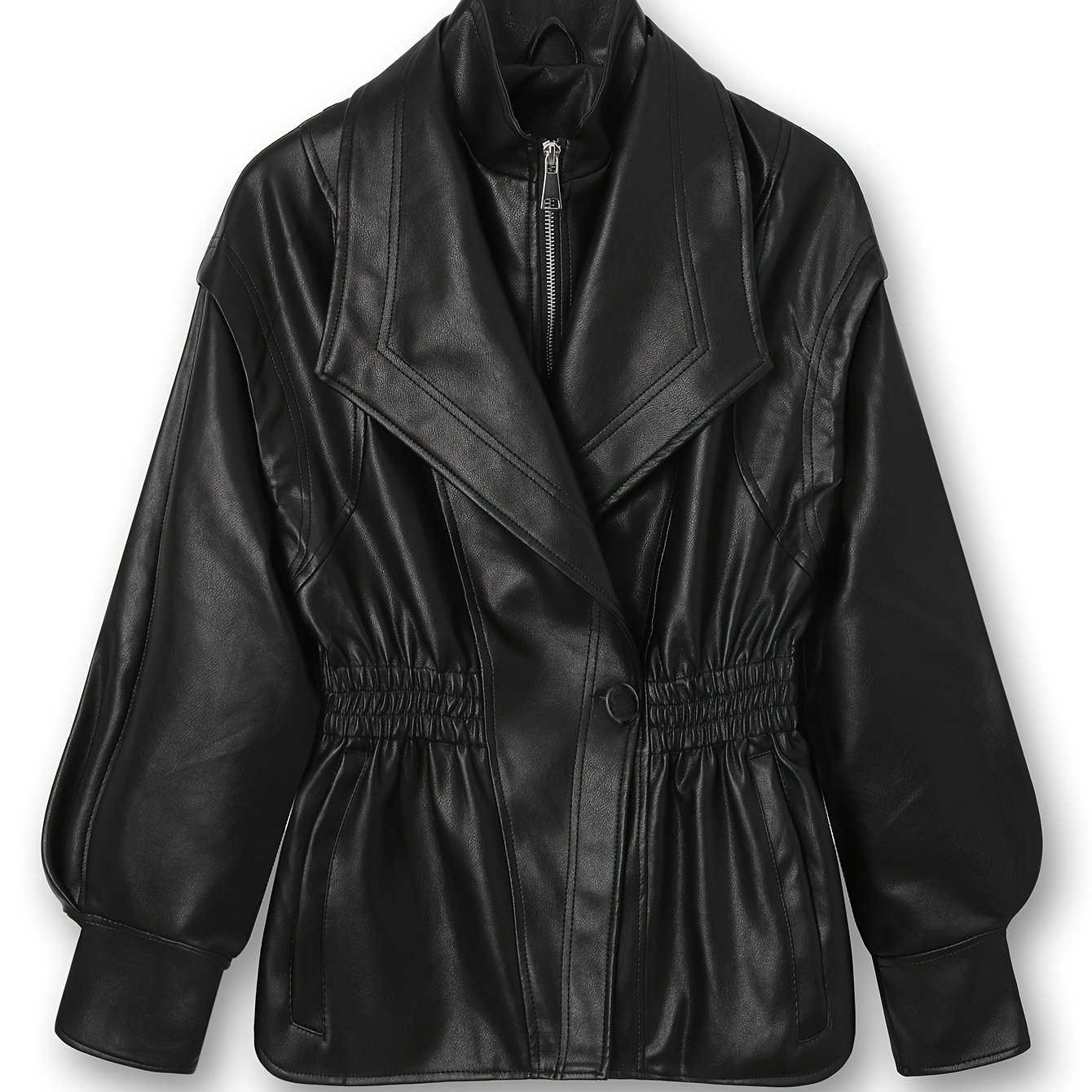 E-shop Damen Kunstlederjacke mit zweiteiligem, doppeltem Kragen-Design, Taillenbetonung, Tulpenärmeln, kurze Motorrad-Kunstlederjacke