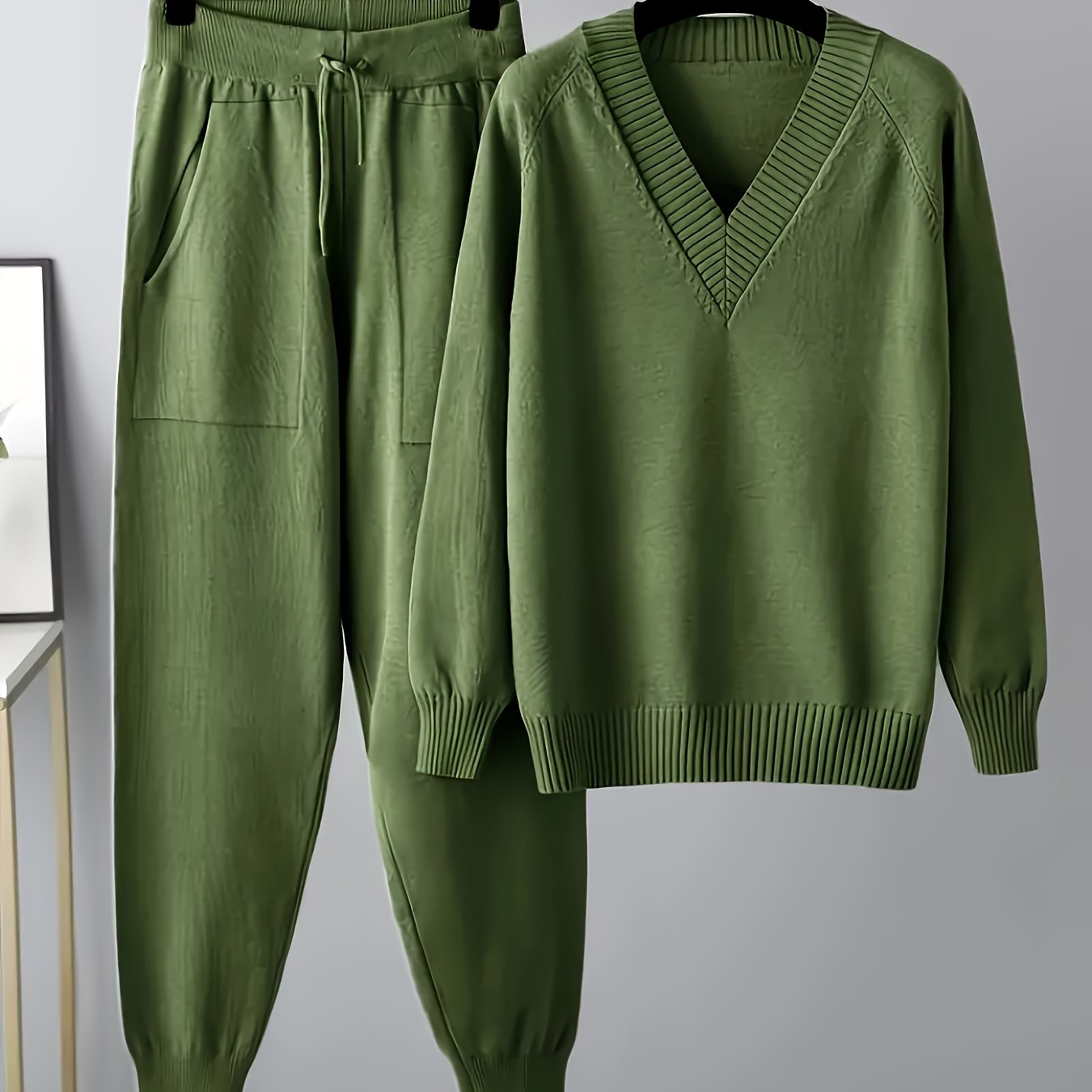 Ladies Casual Sweater And Pants Set - V-neck, Long Sleeves, Solid Color, Casual Wear, Casual Wear|v-neck Sweater| Clothing, Set