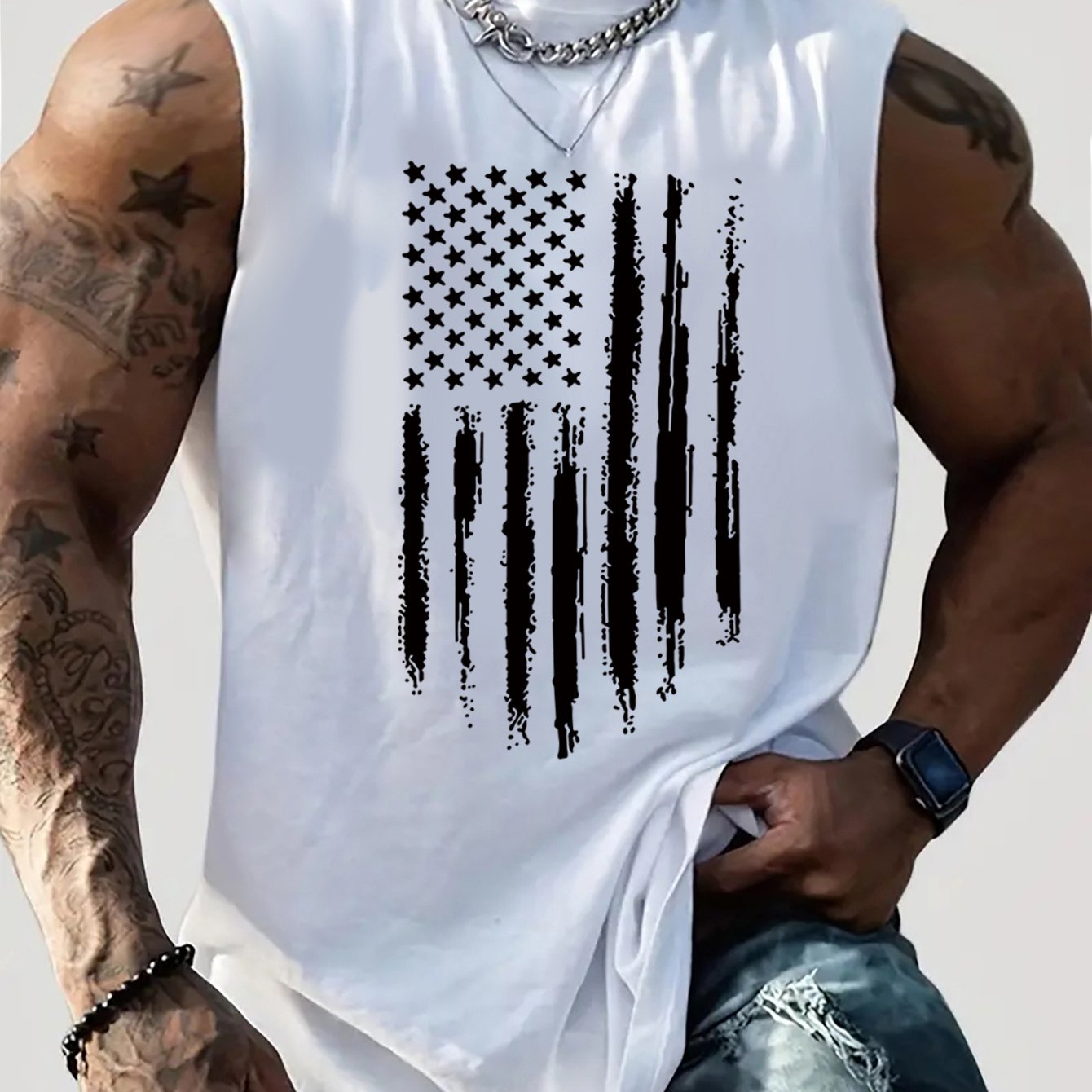 TEMU Men's Breathable Sleeveless Tank Top With Distressed American Flag Graphic - Sporty Casual Crew Neck Athletic Shirt For Gym, Outdoor & Casual