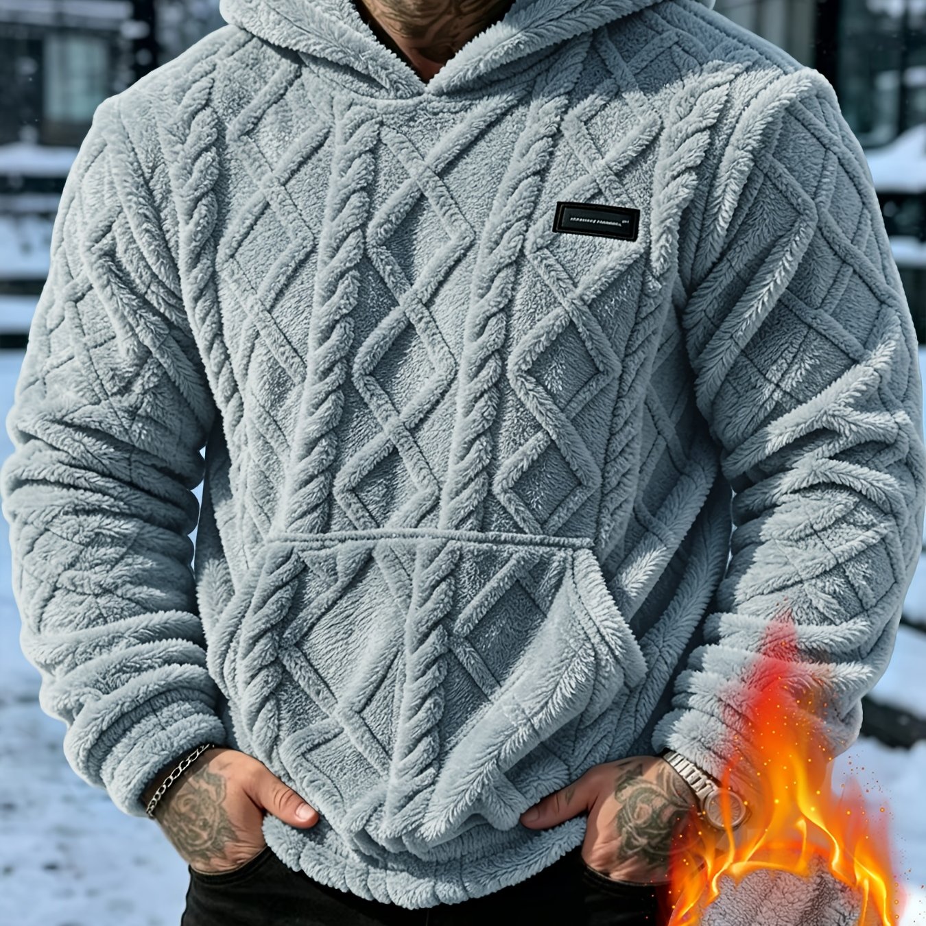 TEMU Sweat à capuche chaud en polaire pour homme, automne-hiver, décontracté et sportif, design jacquard pelucheux, pull épais et chaud avec poches,