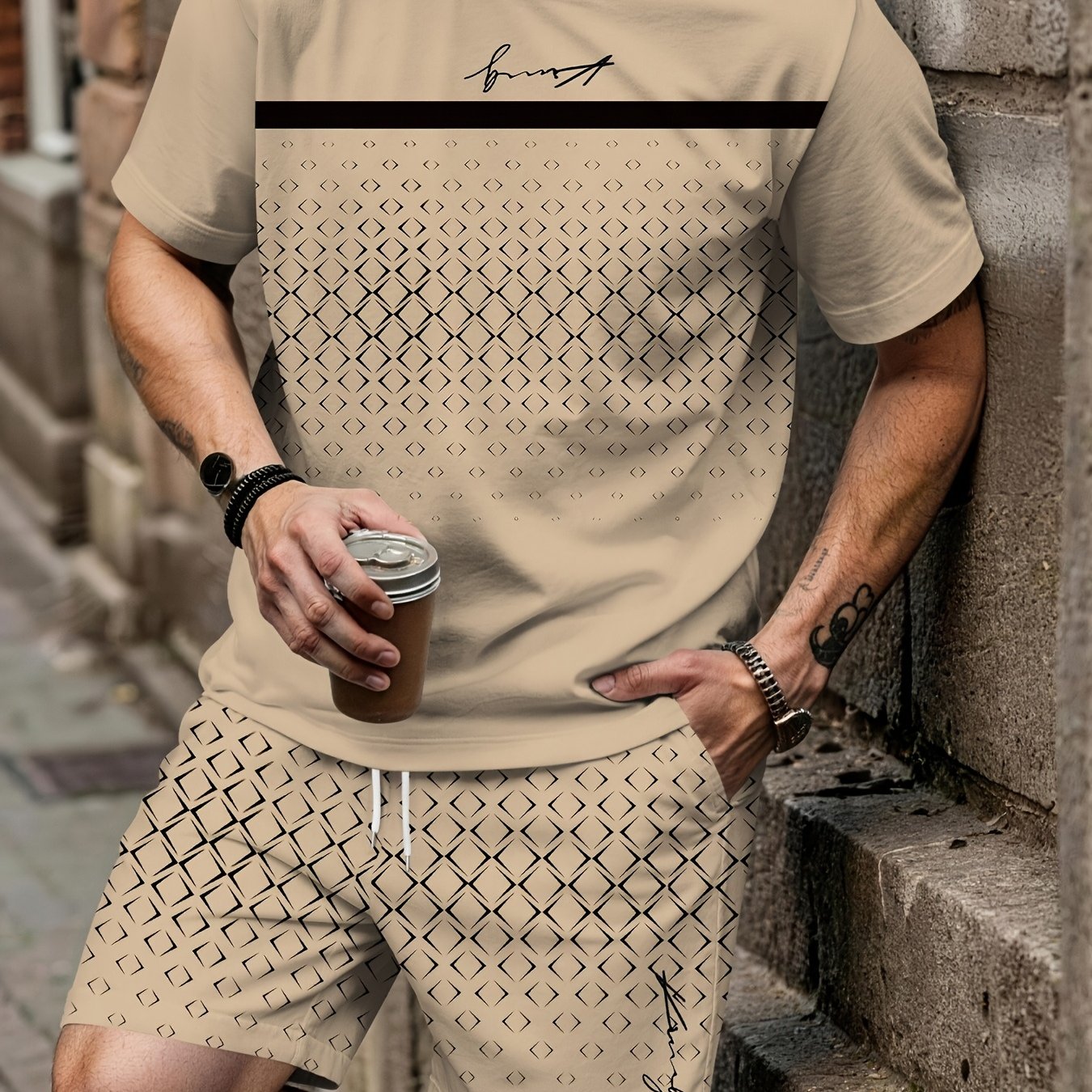 TEMU New Summer Men's Minimalist Style Casual Set: Rhombus Print Short-sleeve T-shirt   Shorts 2pcs Set, Fashionable And Versatile Sportswear