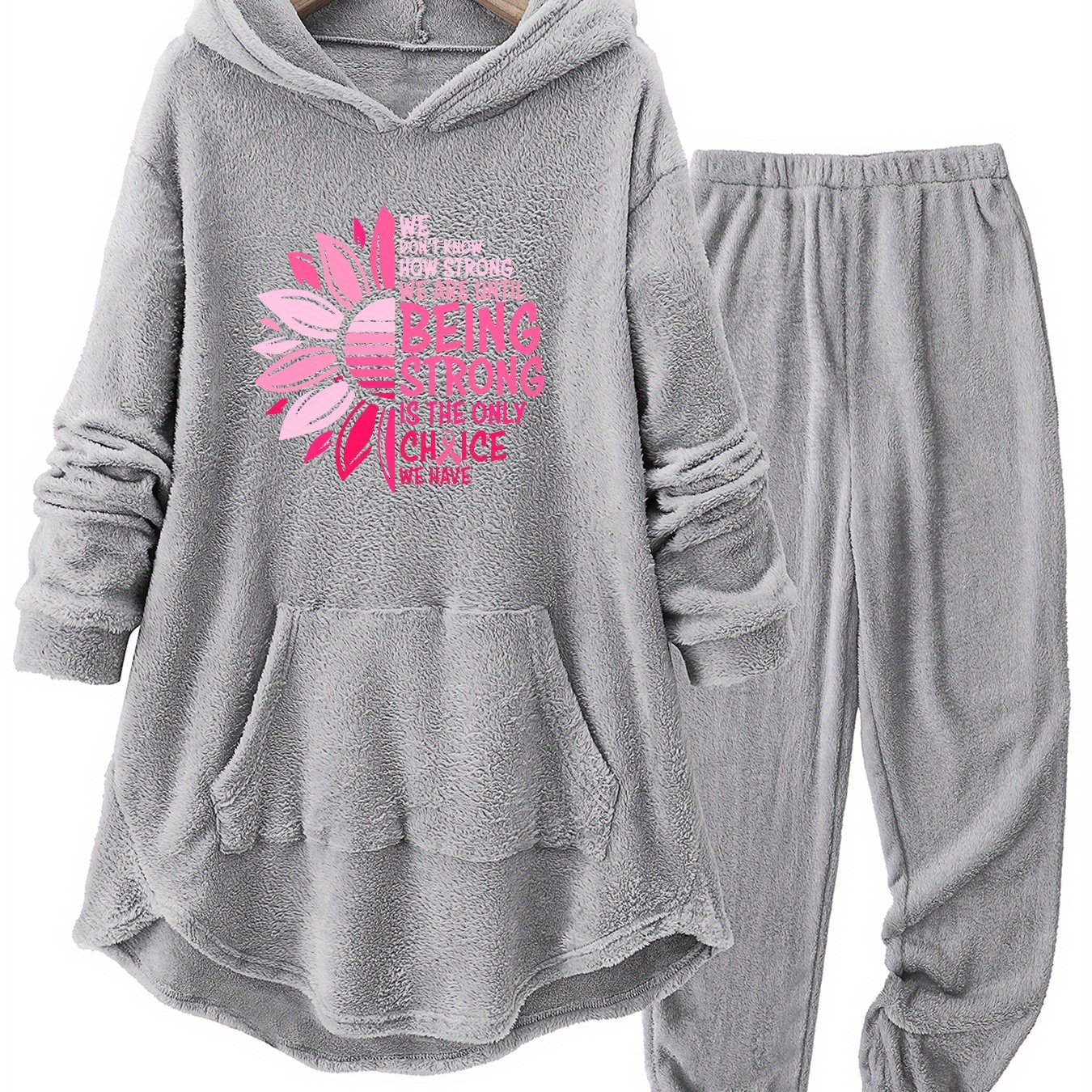 TEMU Plus Size - Plus Size - Western Plus Size Women's Pink Ribbon Flower Letter Print Autumn Winter Home Casual Thick Fleece Set