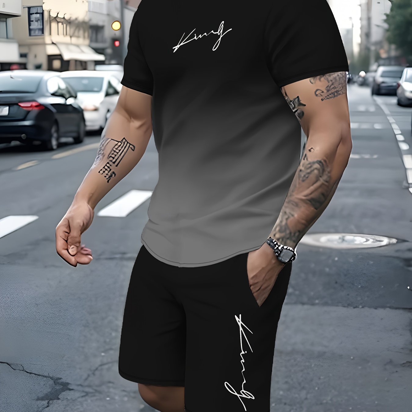 TEMU Conjunto de 2 piezas de camiseta casual de manga corta con cuello y estampado King degradado y pantalones cortos con cordón para hombre, para actividades al aire libre en verano.