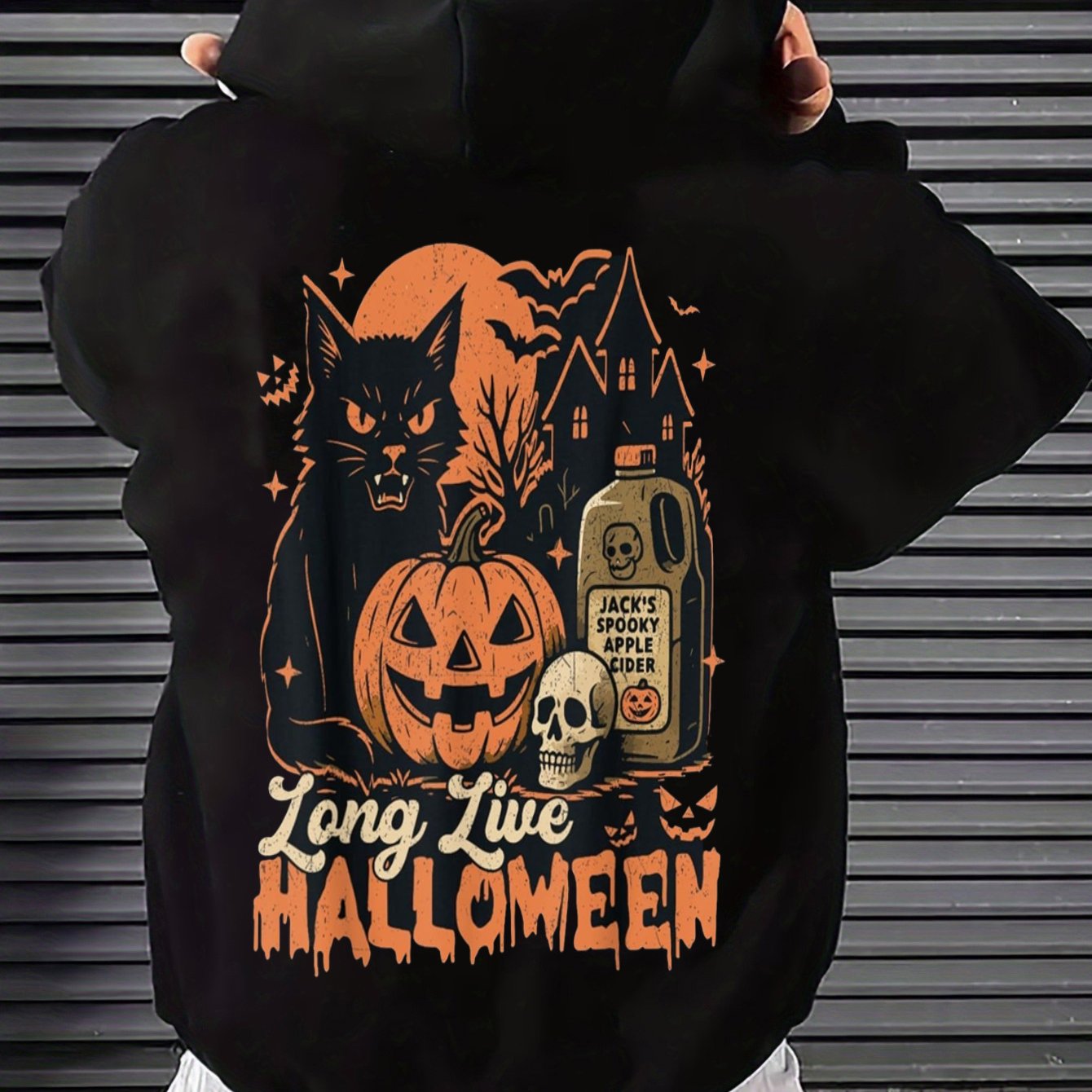 Image of Men's Pullover Hoodie Plus Size Vintage Horror Cat Pumpkin Skull Haunted House Long Sleeve Halloween Novelty Comfortable Fabric Machine Washable