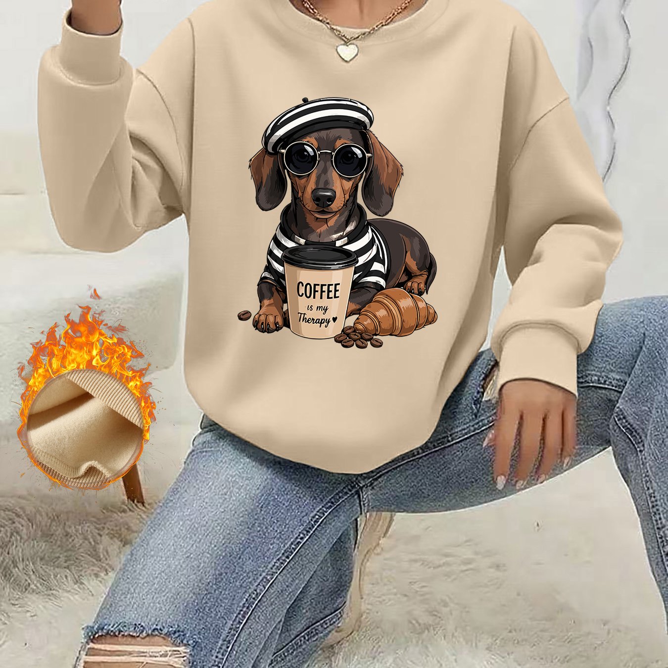 TEMU Suéter de invierno para mujer con temática navideña, 1 pieza - y cool, con estampado de perro salchicha y café, camiseta de moda individual con